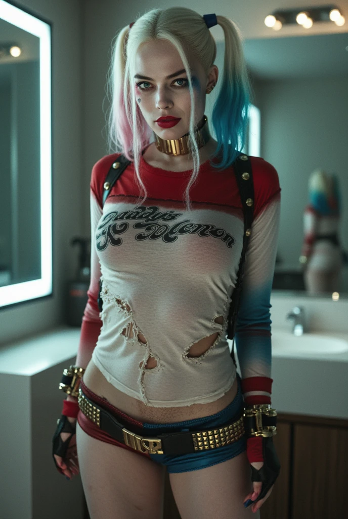 (Best Quality,8k,hyper-realistic,cinematographic:1.2),Full body shot,(Robbie Margot:1.1) like harley quinn, perfect smile, Perfect eyes, alternative clothing, Cyberpunk Night Wallpaper Settings, Realistic face and eyes.