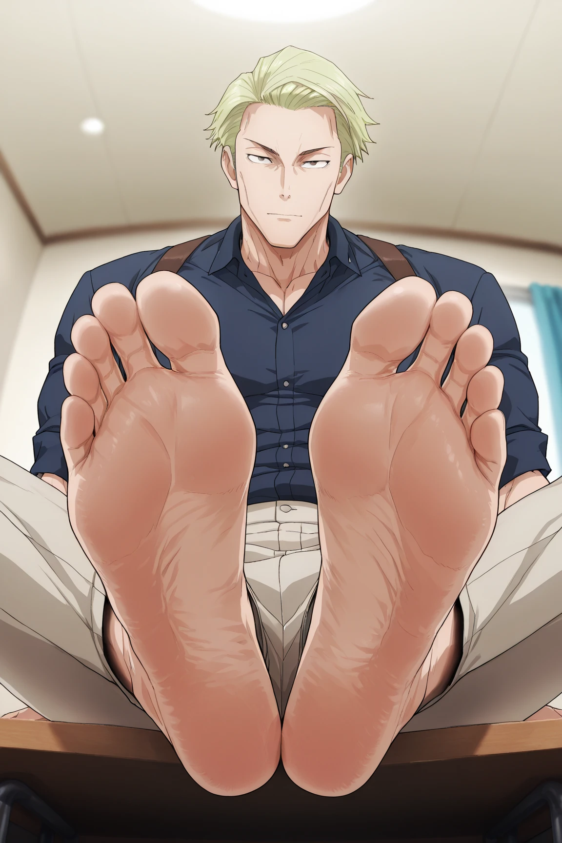 score_9, score_8_up, score_7_up, Kento_Nanami,blonde hair,sunglasses,brown eyes, 1man, looking at viewer, , depth of field, bare feet focus, masterpiece, best quality, bara, anime screencap, anime coloring, , looking at viewer, 1boy, solo, male focus, medium full shot, evil expression.muscular_male.evil expression.muscular, toned_male, toned, muscular_male.whole body. masterpiece,best quality,amazing quality,very aesthetic,high resolution,ultra-detailed,absurdres,newest, character is displaying his bare feet (soles) towards us propped up on a desk in front of us while he is sitting in a chair. His bare feet are close to us (focusing on his smooth soles)(close up on smooth soles)

anime screencap, masterpiece, best quality, amazing quality, very aesthetic, official style,
1boy, solo, , barefoot, he is adult
 ,official style, barefoot, foot focus, looking at viewer, Alone, anime coloring, Perfect feet，Anatomically correct，soles，Focal length 35mm, Five toes，front，Symmetrical Soles,
sitting with his feet prominently displayed toward the viewer, He is barefoot, and the soles of his feet are the central focus of the image, appearing close-up.High Resolution, Best Quality, Accurate, no extra toes,

Description feet: large feet, a bit caloused but gorgeous, anatomically correct and smooth. 
masterpiece, best quality, 1boy, solo, dark blue shirt, collared shirt, suspenders, khaki pants, sleeves rolled up,