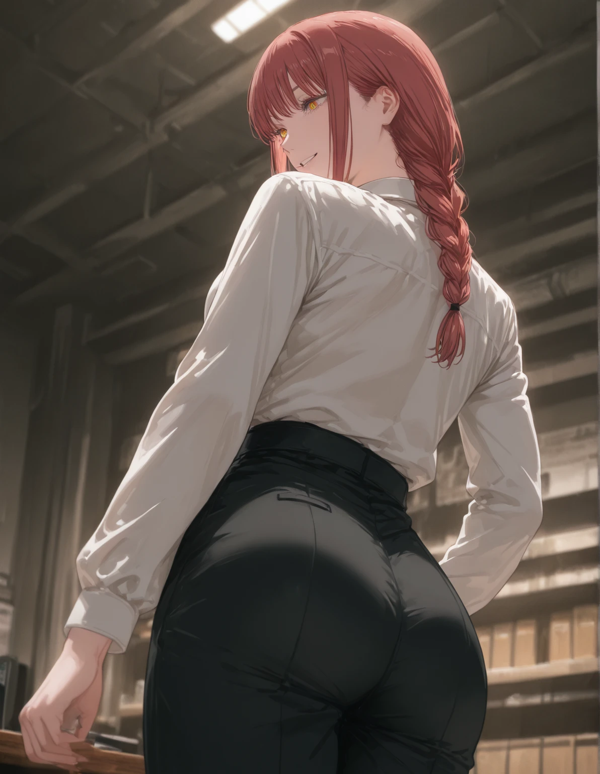 (masterpiece, best quality:1.2), from behind, solo, 1girl, makima, slight pervert smile, closed mouth, looking back, braided ponytail, ringed eyes, white shirt, black pants, bent forward, hands on desk, bent on desk, pervert, ultra detailed, beautiful body, best quality, red hair, office pants, necktie, chainsaw man anime, sexy, full body, nice booty, formal, suit, collared_shirt, pants, office, bent over