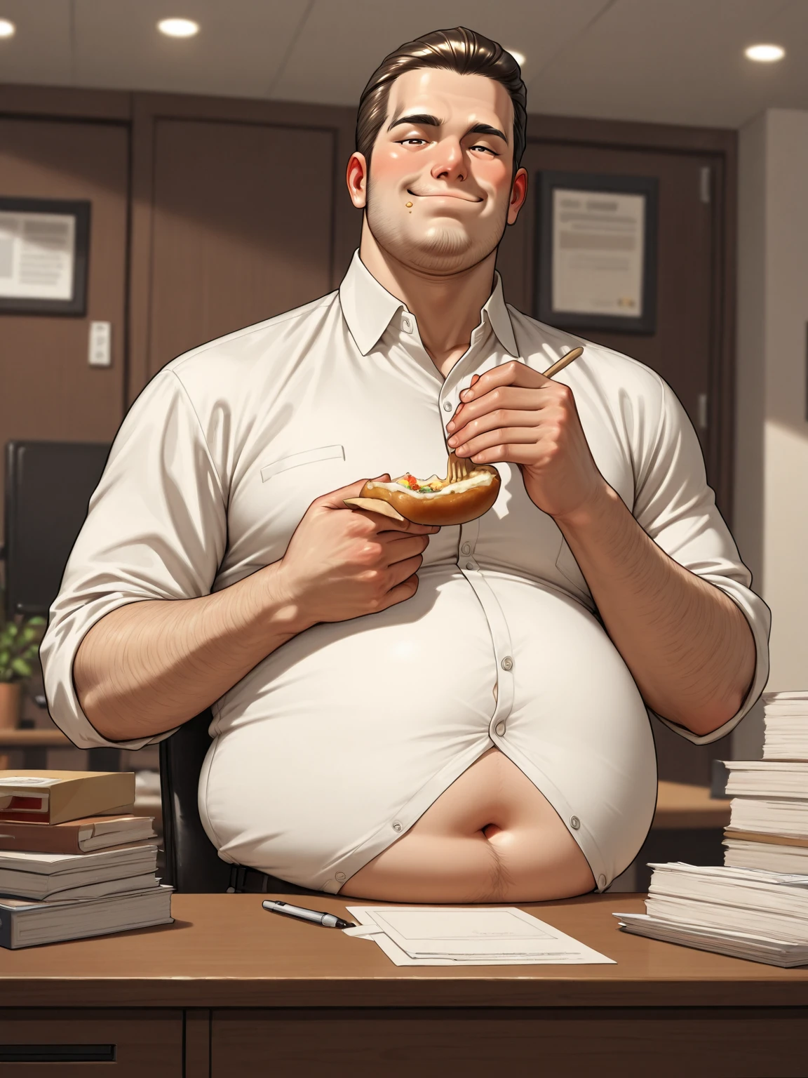 Tom Holland, Giant Belly, Big Bulge, Eating food, Bursting out of jacket, leather jacket with fur trim, long sleeves, black jeans, volumetric lighting, athletic, best quality, masterpiece, intricate details, tonemapping, sharp focus, hyper detailed, trending on Artstation, looking at viewer, realistic, Morbidly Obese.