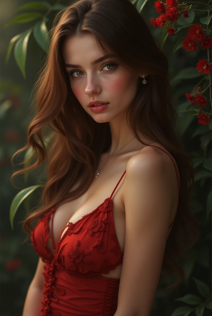 Ultra realistic extremely beautifully detailed 8k picture of 1 gorgeously cute and cool woman uma poison ivy with big wavy hair pulled back into extremely tall two curly hair buns in garden lair. , Red outfit lingerie robe, extremely detailed eyes mouth and facial features, gorgeous breathtaking composition and epic cinematic lighting