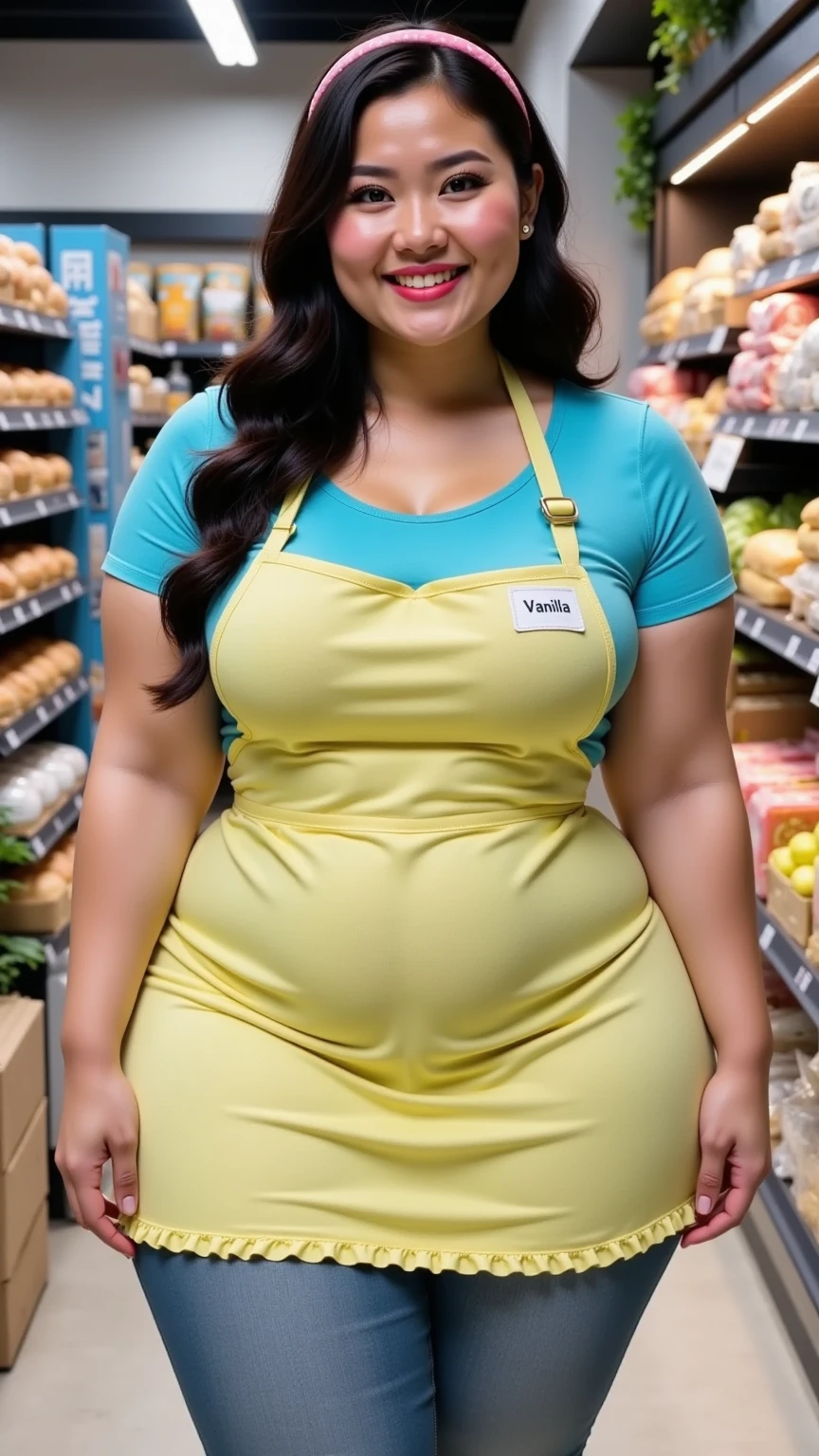 A woman, beautiful face, cute face, ligt blue hair, wearing tight long dress, big breast, curvy body, full body, Chubby thighs, standing at the mini market