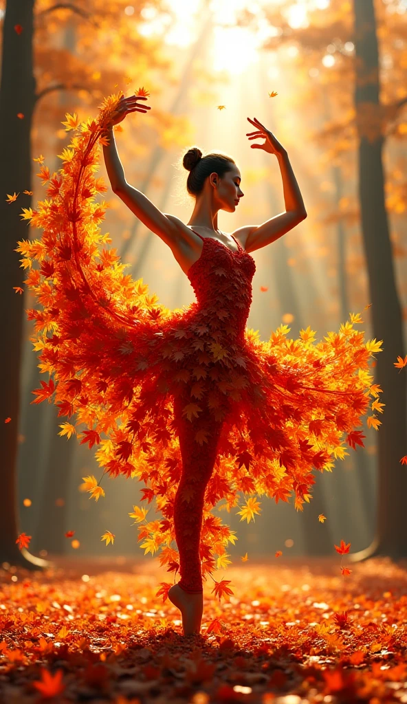dynamic illustration of red yellow maple leaves drifting falling, Silhouette Art of a dancing girl, leaves floating in the air, strong wind effect, octane render, enhance, intricate, (best quality, masterpiece, Representative work, official art, Professional, unity 8k wallpaper:1.3), (Motion Blur), (best composition)