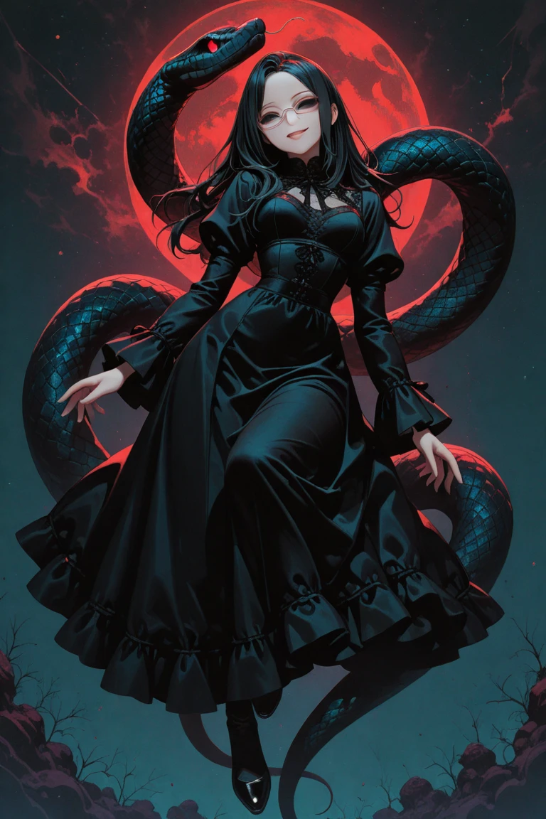 a woman in a red dress holding a snake in front of a full moon, dark queen of snakes, queen of snakes, snake woman, in style of anne stokes, beautiful elegant demon queen, the red queen, inspired by Magali Villeneuve, inspired by Anne Stokes, her many snakes as hair, lilith, gothic fantasy art