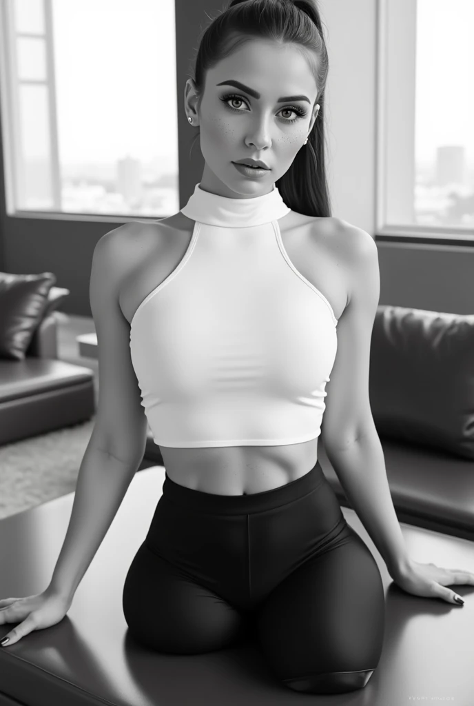 (Art Photography, Award Winning) DV_Ronya_Vicious is wearing (black leggings, a white spandex top and boots:1.3), at a NYC Coffee Shop, by Steve McCurry, 35mm, F/2.8, ((Photo Focus, DOF, Aperture, insanely detailed and intricate, character, hypermaximalist, elegant, ornate, beautiful, exotic, revealing, appealing, attractive, amative, hyper realistic, super detailed, heresy flares))(DOF, blurry background, sunset in the back of the character)(Lens Flare, Heresy flare:1.2)(eyeliner, eye liner:1.5)
