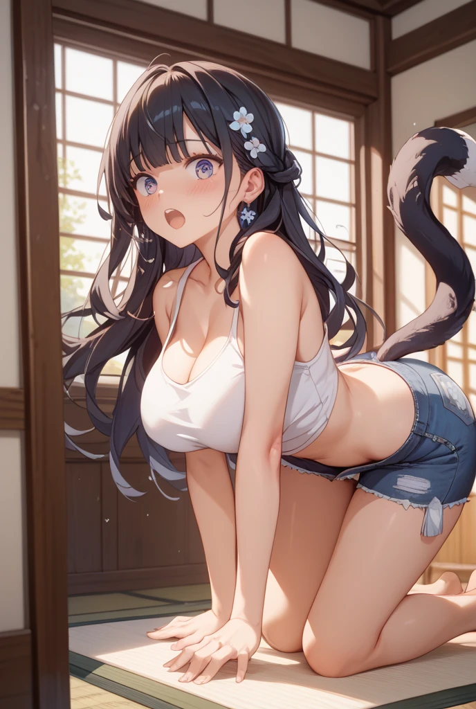 (Highest quality:1.2, Manga works, Manga style, Very detailed, Latest, Vibrant, digital coloring, High Contrast, masterpiece:1.2, Highest quality, Best aesthetics, There is), ((( 1 female:1.2))), Black Hair, ponytail、Gradient Hair, Reddish brown eyes, , (White underwear、Half cup bra、Cute panties:1.2)、necklace, Beautiful thighs, Blue Boots, Open your mouth, smile, Random Pause, Cowboy Shot, Simple Background.Voluptuous bust、Big Ass、Camel Toe