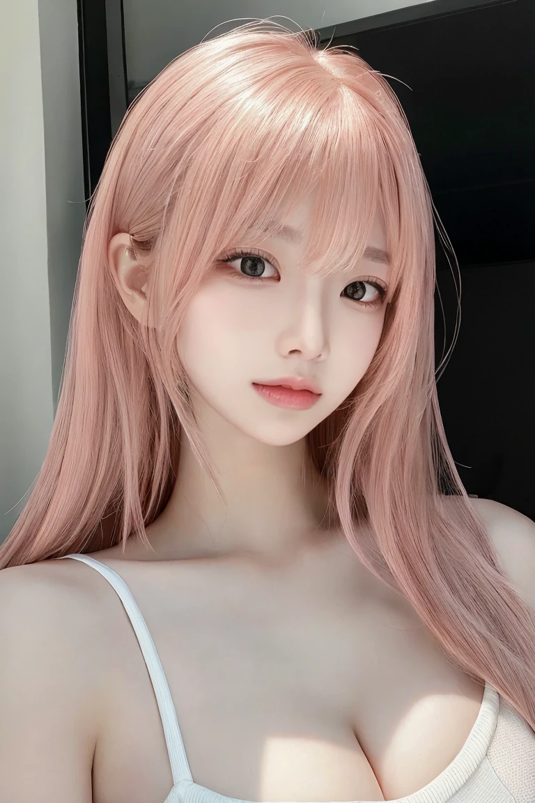 Very detailed,(Beautiful pink hair, Beautiful eyes, Long Hair, )Beautiful and fair、Glowing Skin, nice, bright, Refreshing and gentle look, Perfect beautiful face,Beautiful shiny bangs, so beautiful20Year old girl,(Highest quality, 8k, masterpiece: 1.3)),RAW Photos,pajamas、before sleep、Sleeping on your back、