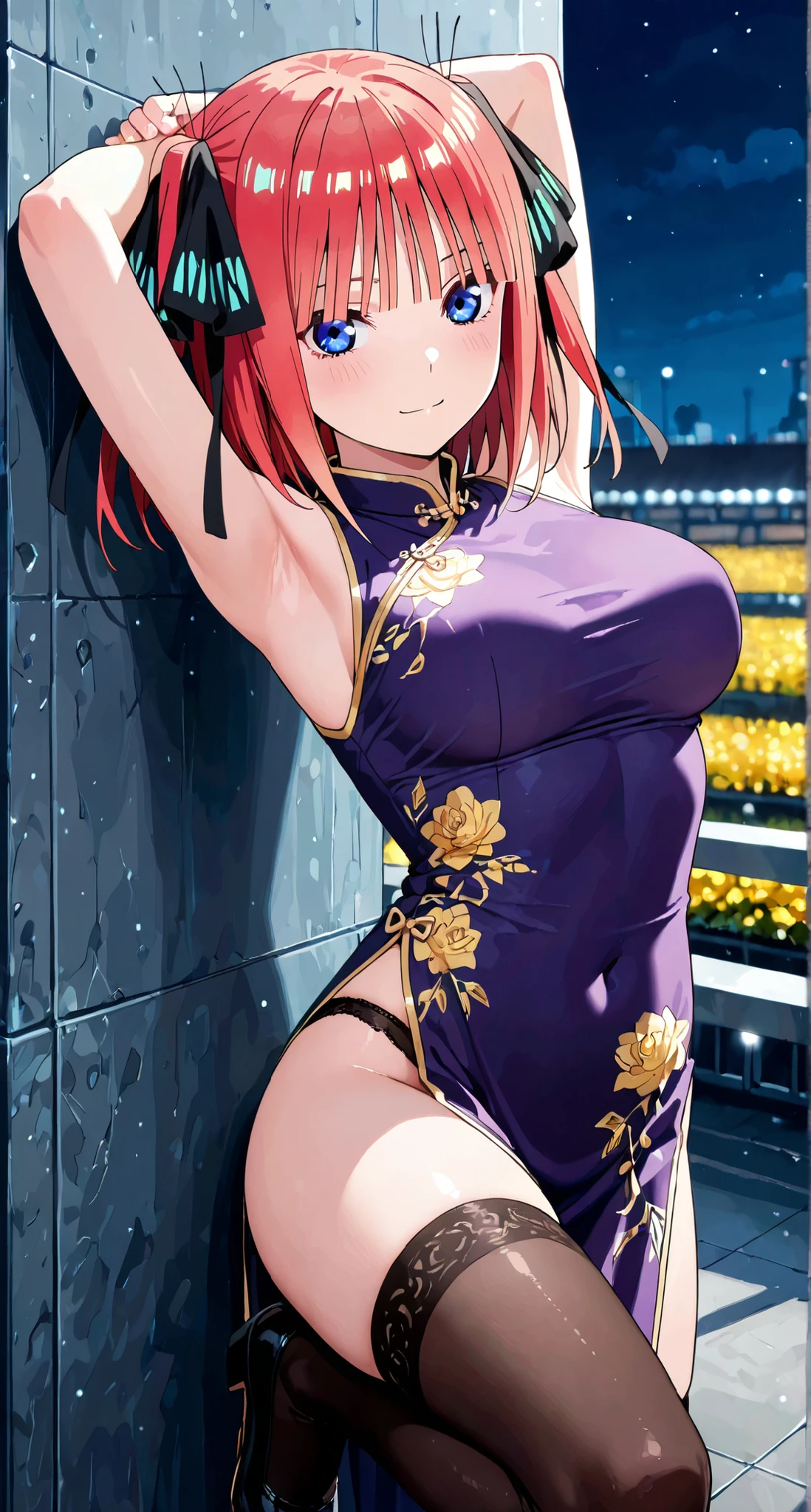 huge breasts, (best quality,4k,8k,highres,masterpiece:1.2),ultra-detailed,(realistic,photorealistic,photo-realistic:1.37),anime,breasts,pink hair,dress,navel,thighhighs,blue eyes,long hair,1girl,navel cutout,china dress,chinese clothes,clothing cutout,braid,large breasts,open mouth,double bun,hair bun,porcelain skin,soft lighting,vibrant colors,pink color palette,lush garden background,subtle breeze,floating flower petals,playful expression,innocent gaze,lovely smile,slightly tousled hair,fair complexion,slim waist,feminine figure,lively and energetic pose,streaming sunlight through the trees,elegant posture,flowing movement,delicate fingers,soft and flowing fabric,rustling leaves,subtle blush on cheeks,peaceful and serene atmosphere
