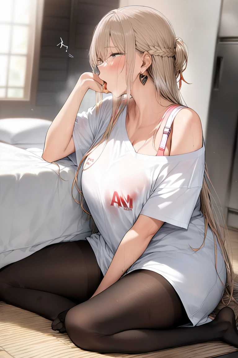 (Masterpiece, realistic, high resolution), (1 girl): 1.2), Korean, ((white wavy hair): 1.3), (heterochromic eyes: 1.1, thick eyebrows, small moles under the eyes), tie, (white shirt, red sports shorts), ((medium breasts): 1.2, thighs), in bed
