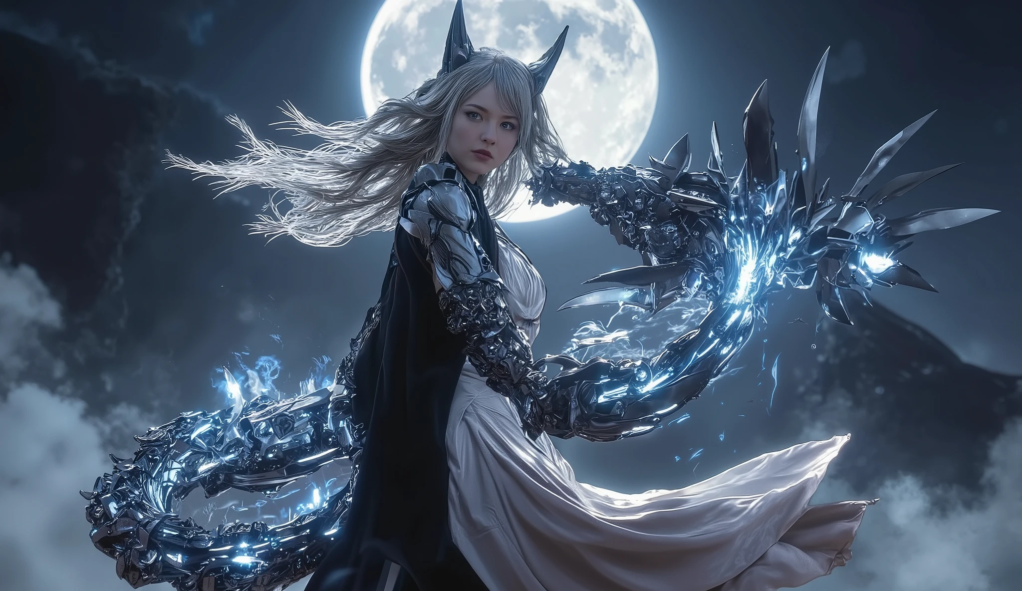 BREAK, 1girl, solo, looking at viewer, flat bangs, (young cute beautiful 18-year-old girl:1.1), 3d face, beautiful girl, pretty, girlface, kpop idol,  supermodel, woman posing for a photo, stunning innocent symmetry face, perfect body, medium ??????, slim waist, slim legs, (high detailed skin:1.2), glowing eyes, goddess, natural skin texture, shiny skin, White skin, Beautiful detailed face, detailed face, real skin texture, cute delicate face, finely detailed face, golden ratio, golden ratio face, expressive eyes, perfect face, perfect skin, flawless face, clear face, shiny hair, pale skin, Proper body proportion, perfect ???????, realistic skin texture, luscious lips, glossy lips, natural makeup, beautiful bright pupils, slender figure, intricate eyes, detailed pupils, detailed face and eyes, longeyelashes, blush, good hand, finely detailed skin, oily skin, BREAK, ((((ember, battlefield, volumetric fog, grey mist, (white long hair:1.4),  (??????? of silk:1.1), spider wehain:1.1), (On a dark moonlit night:1.6), (in a spooky ancient dungeon:1.2), in a heavily guarded cage, moonlight shines in through a small window, (In the center of the picture is a female assassin struggling to break free from the ????????:1.4), (She breaks the thick iron chain with amazing strength:1.3), (Werewolf soldiers guarding the prison came from all directions with weapons:1.5), (Destroyed buildings:1.2), (ruined walls:1.1), (scars:1.3), claw marklames splashing:1.3), (werewolf's huge claws, wolf eyes with green light:1.2), (A pack of wolves surrounded her:1.6), full of murderous, fighting state, (blood moon:1.4), chilling atmosphere, flames, cobwebs, candles, (??????? tools:1.1), (floating colorful sparkles:1.2), (energy beams:1.3), cyberpunk neon light, volcano, (lava:1.1), Doomsday atmosphere, flames soaring into the sky, candlelight, desperate and helpless prisoners, jail, prison, East Asian architecture, ancient China, skeletons, horror , chilling, bloody, huge warfare battle scene, epic clash, two armies, battle scene, epic battle, war)))), BREAK, (PureErosFace_V1:0.5), (ulzzang-6500:0.5), filmg, zhongfenghua, (kbxll:0.6),