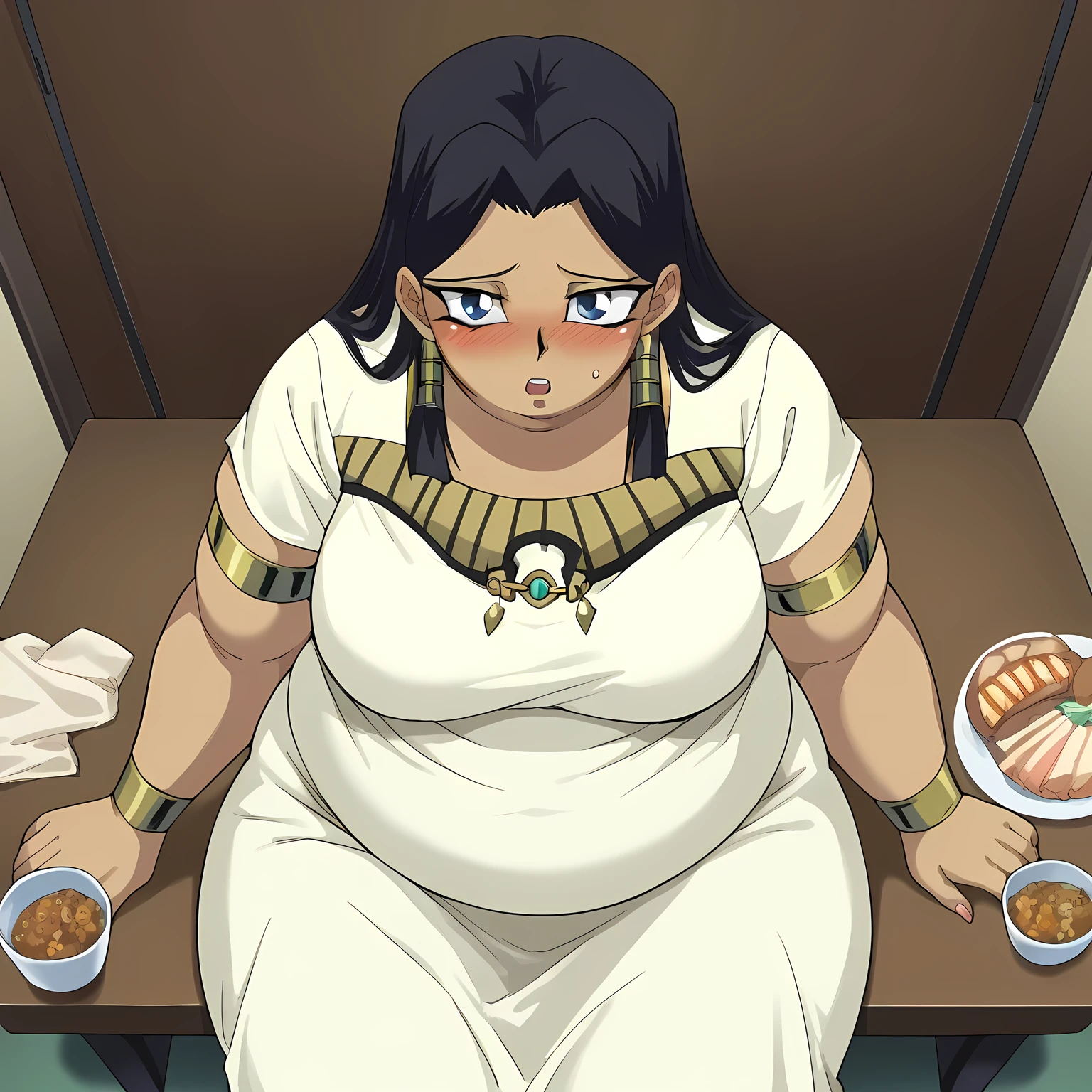 score_9, score_8_up, score_7_up, source_anime,
ishuzuishtar, ishuzu ishtar, blue eyes, dark skin, dark-skinned female, black hair,
dress, jewelry, armlet,
indoors, , bed room,blush, drunk, eating food, in front of tones of food, table, sofa, blush, embarrassed, sitting, from above, pov belly,
looking at viewer, dutch angle, cowboy shot,fat, chubby, obese, gigantic arms and legs, large breasts open mouth, out of breath