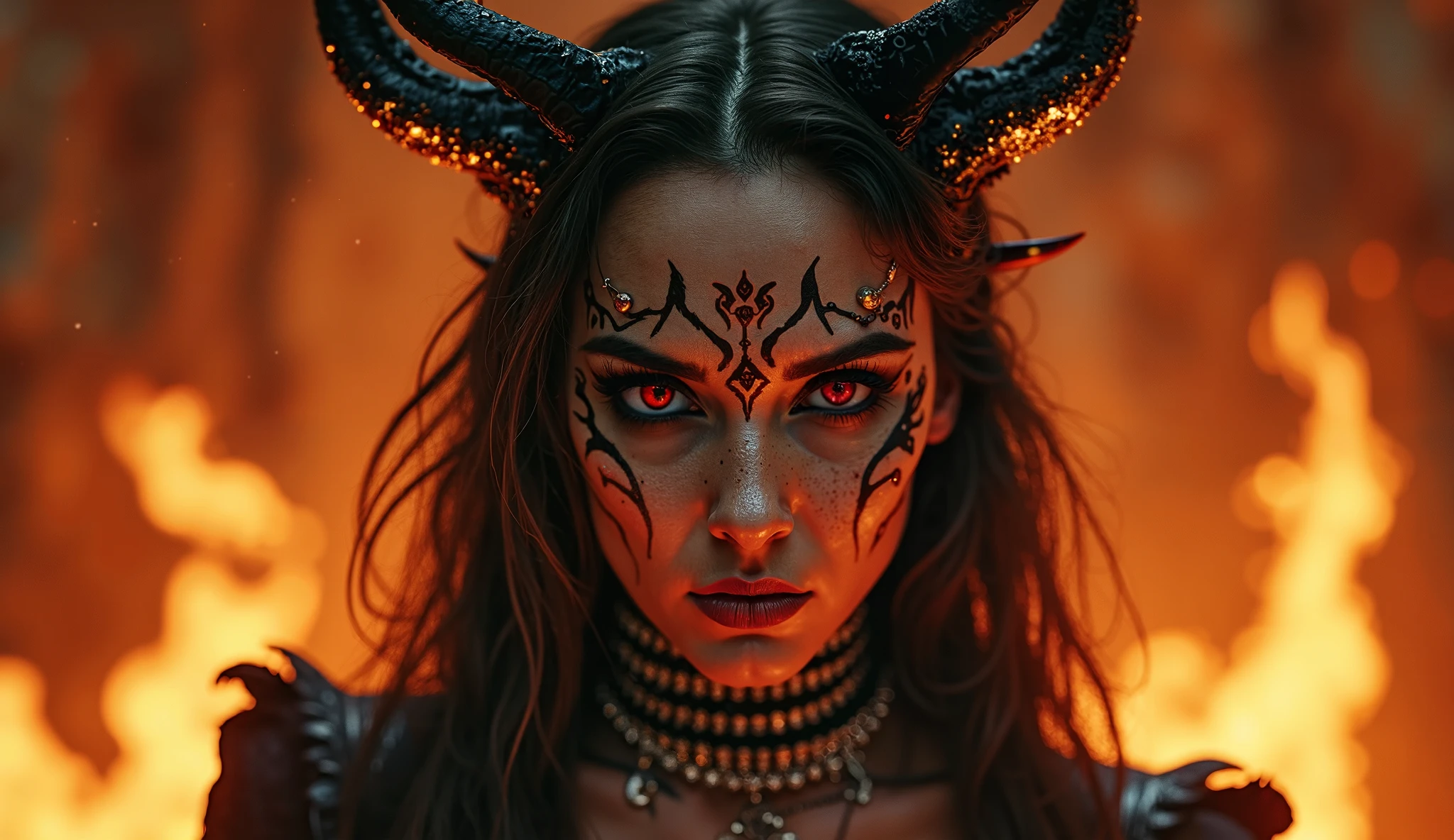 ((Photograph of a Japanese woman as an Oni demon hunter)), 32k wallpaper, ultra detailed, beautiful and aesthetic, masterpiece, best quality, (zentangle, mandala, tangle, entangle), (fractal art:1.3) , 1girl, horrific, extreme detail and resolution, dynamic angle, Fibanacci, elegant, vibrant color, romanticism, atmospheric, (nebula and stars in the night sky background)