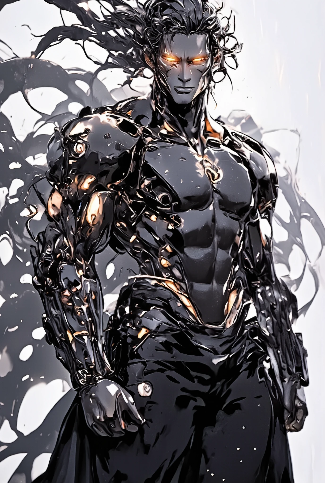 full high, ideal man, artificially created to protect deep space frontiers. Height 237 centimeters, just over forty years of age. His physique resembles a Greek athlete statue - sculpted and powerful, but balanced , with broad shoulders, with strong breasts and powerful legs. The skin is smooth, pale gray. The face combines brutality and aristocracy in the Roman style with a heavy chin and a large eagle nose. he smiles pretently. He doesn't have stubble, beard and mustache, his face looks clean-shaven, his face doesn't grow hair. extends from his lower spine. He has large, bright yellow eyes with shape-changing pupils. His hairstyle is a scattering of long black braids of varying sizes, which are actually something like vibrissae and can move on their own. A long one extends from the lower part of the spine (three to five meters) thick black tail, , which is actually a colony of nanorobots. hangs The tail can change shape and move independently, , he usually either lies in rings at his feet, ready to attack or hanging over her shoulder, like a snake ready to attack. The upper part of his ears is slightly elongated, like an elf . He has musky and strong, jumpsuit but aristocratic hands with long fingers and thin wrists. He is wearing a tight black futuristic jumpsuit. He comes across as a polite, attractive predator. Style - science fiction, Cyberpunk, anime.