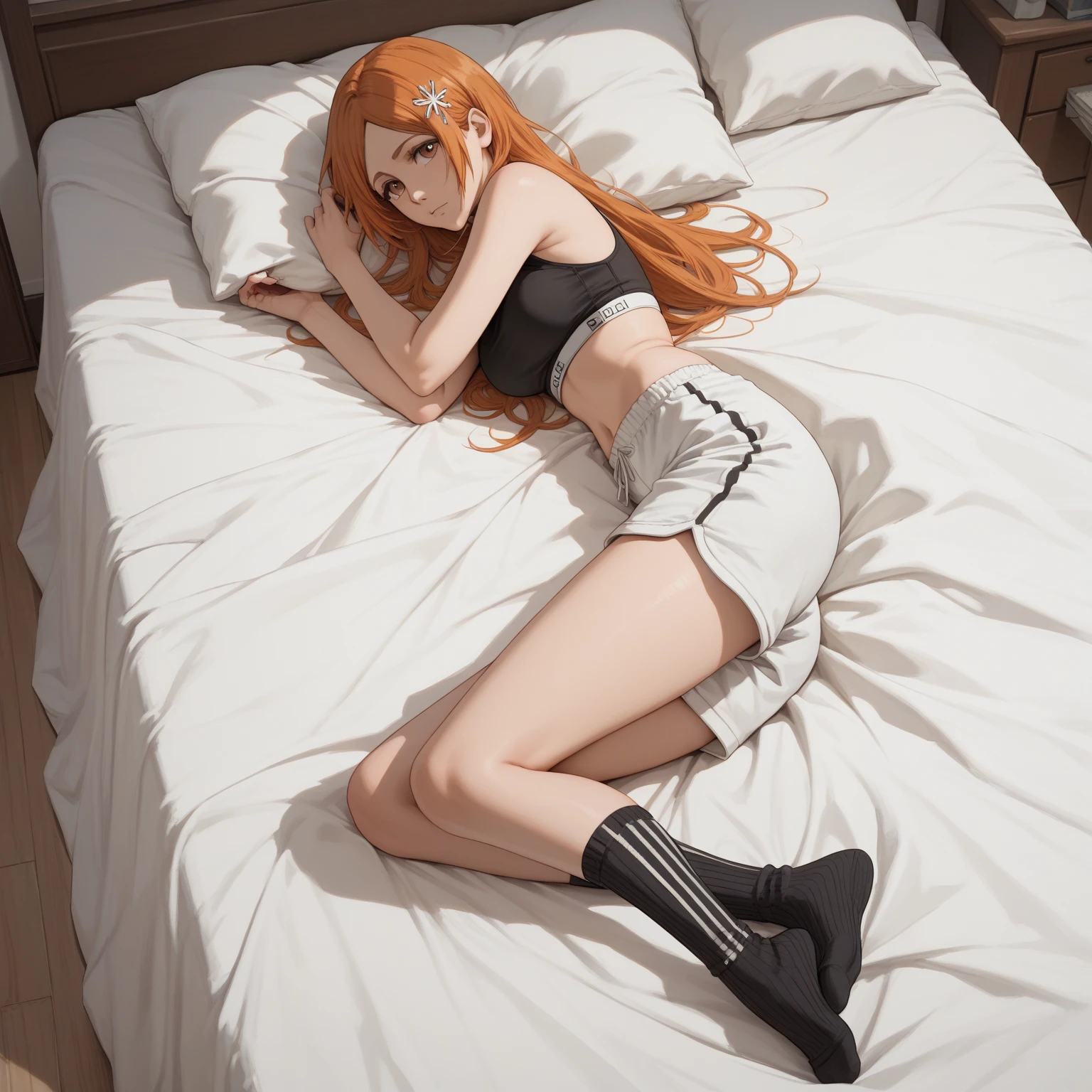 topquality, 8K, Girl with red hair,Slender stature,Her hair is disheveled,Long hair,Coiling hair, exuberant hair, Cyan eyes, small face,emaciated,Lying on the bed in the bedroom, playing with the phone,White loose short sleeves,traffic visible, Lace, bare feet,no shoes,scruffy,with disheveled hair,The room contains various anime figurines of beauties.,Close the curtains,The lighting is dim,Face gloomy,Wonderful room interior and bed,emaciated,Bad milk,The breasts are very small, Flat Breast, translucent fabric, Lightweight fabric, black clothing
