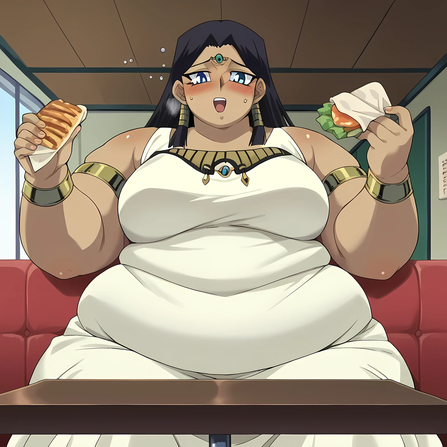 score_9, score_8_up, score_7_up, source_anime,
 1 girl, ishuzuishtar, ishuzu ishtar, blue eyes, dark skin, dark-skinned female, black hair,
dress, jewelry, armlet,
indoors, , restaurant ,blush, drunk, eating food, in front of tones of food, table, sofa, blush, embarrassed, sitting, from below, pov belly,
looking at viewer,,fat, chubby, obese, gigantic arms and legs, large breasts open mouth, out of breath