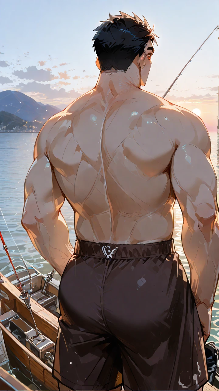 A sexy (man 1.5) wearing  a( transparent underwear),  in a yacht, black hair, short beard, beautiful scenery,, nsfw, homoerotic, masterpiece, detailed background, movie like visuals, crisp and clear photo, realistic, colourfull, best quality photo, he is looking at the camera seductively , 