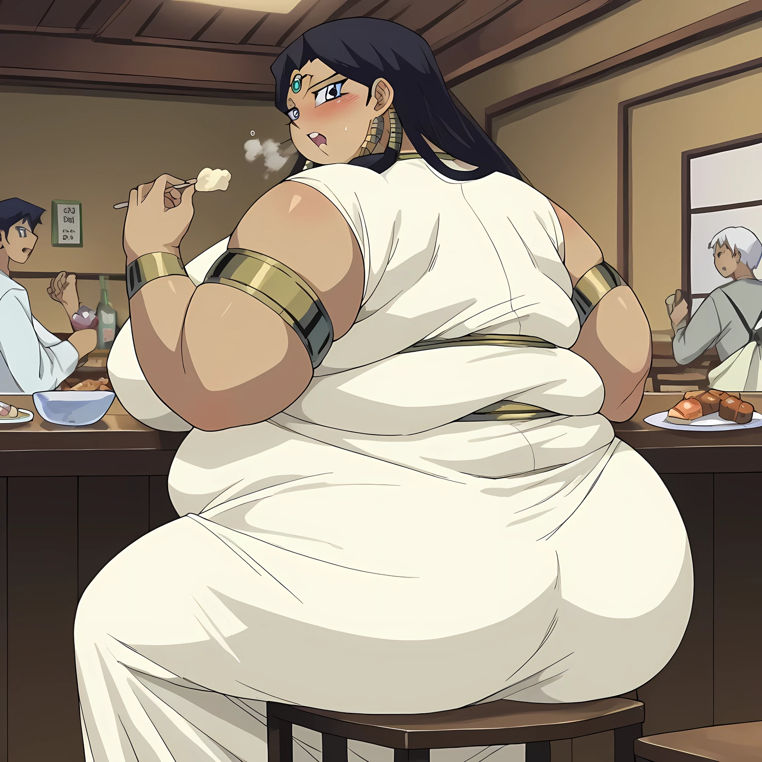 score_9, score_8_up, score_7_up, source_anime,
1 girl, ishuzuishtar, ishuzu ishtar, blue eyes, dark skin, dark-skinned female, black hair,
dress, jewelry, armlet,
indoors, , restaurant ,blush, drunk, eating food, in front of tones of food, table, sofa, blush, embarrassed, sitting, from behind, pov belly,
looking back at viewer,,fat, chubby, obese, gigantic arms and legs, large breasts open mouth, out of breath