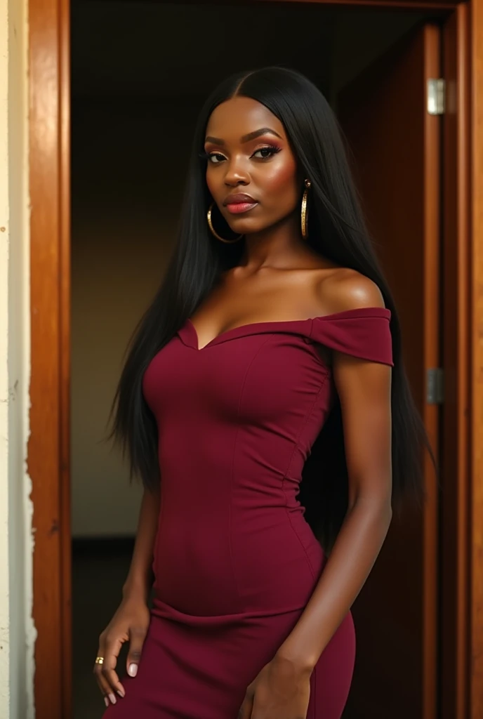 Realistic full body photo of a smiling black woman with long hair, black skin, She dances in front of the camera in a long A-line dress with straps made of shiny burgundy satin., Park,glamour fotoshooting, Wedding celebration, perfect anatomy, perfect brown eyes. Perfect hands with 5 fingers on each hand, Matching girl, look into the camera, 1 Frau. (Eye make up:1.1), (highly detailed skin:1.1), spirit, analog style, keen focus, 8K UHD, dslr, good quality, Fujifilm XT3, Grain, Award-winning, masterpiece. Wedding celebration. She sits on a bench and shows her beautiful long dress. Beautiful shoes