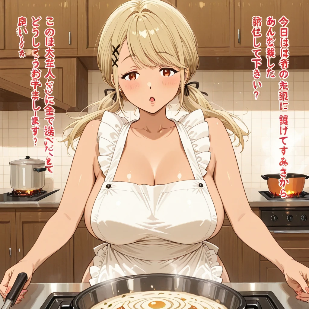 (Mature Woman:1.5), (mother:1.5), Ishtar, Fate Grand Order, (Absurd, 8k, 4K, Tabletop, Extremely detailed:1.2), Highest quality, Perfect Anatomy,Perfect Face, High humidity, (alone:1.2), (Sweaty:1.3), shortness of breath, High humidity, humid, (Black Hair:1.1), Red eyes, Looking into the camera, (Very large breasts:1.5), Light clothing, apron, (kitchen;1.1), (Having a conversation:1.2), (Speech bubble:1.1), A kind smile, relief, peace of mind, mother性, Cooking, have a ladle, pot, pot-au-feu, Gentle look
