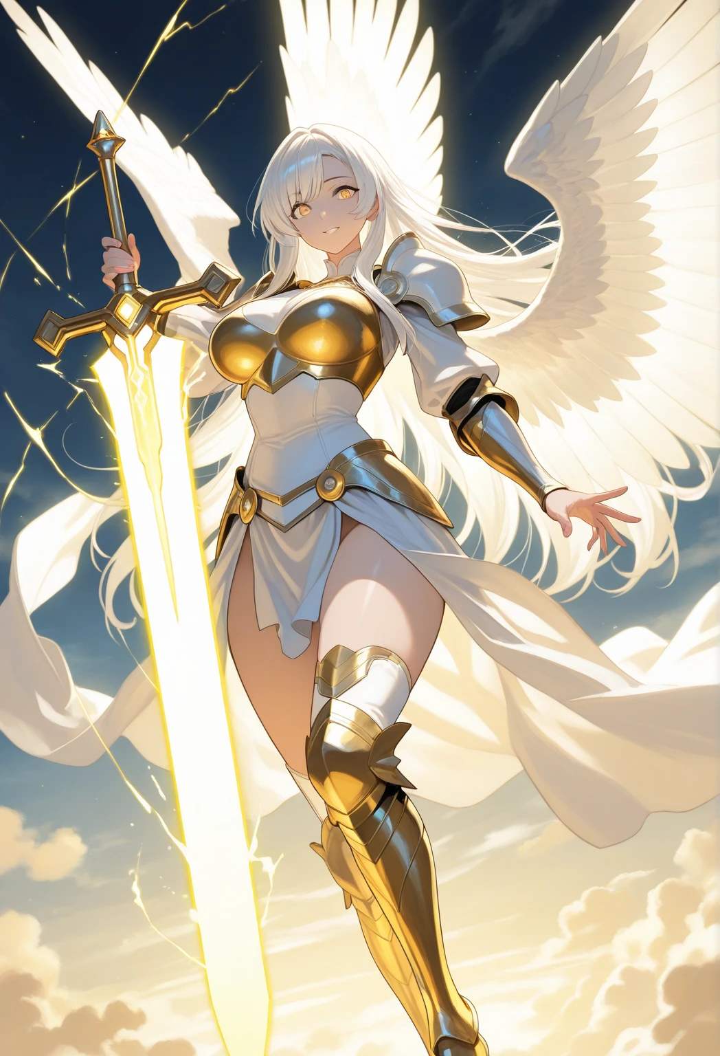 A strong angel in heavenly armor, With shield sword, Seven Wings, Ready for battle  