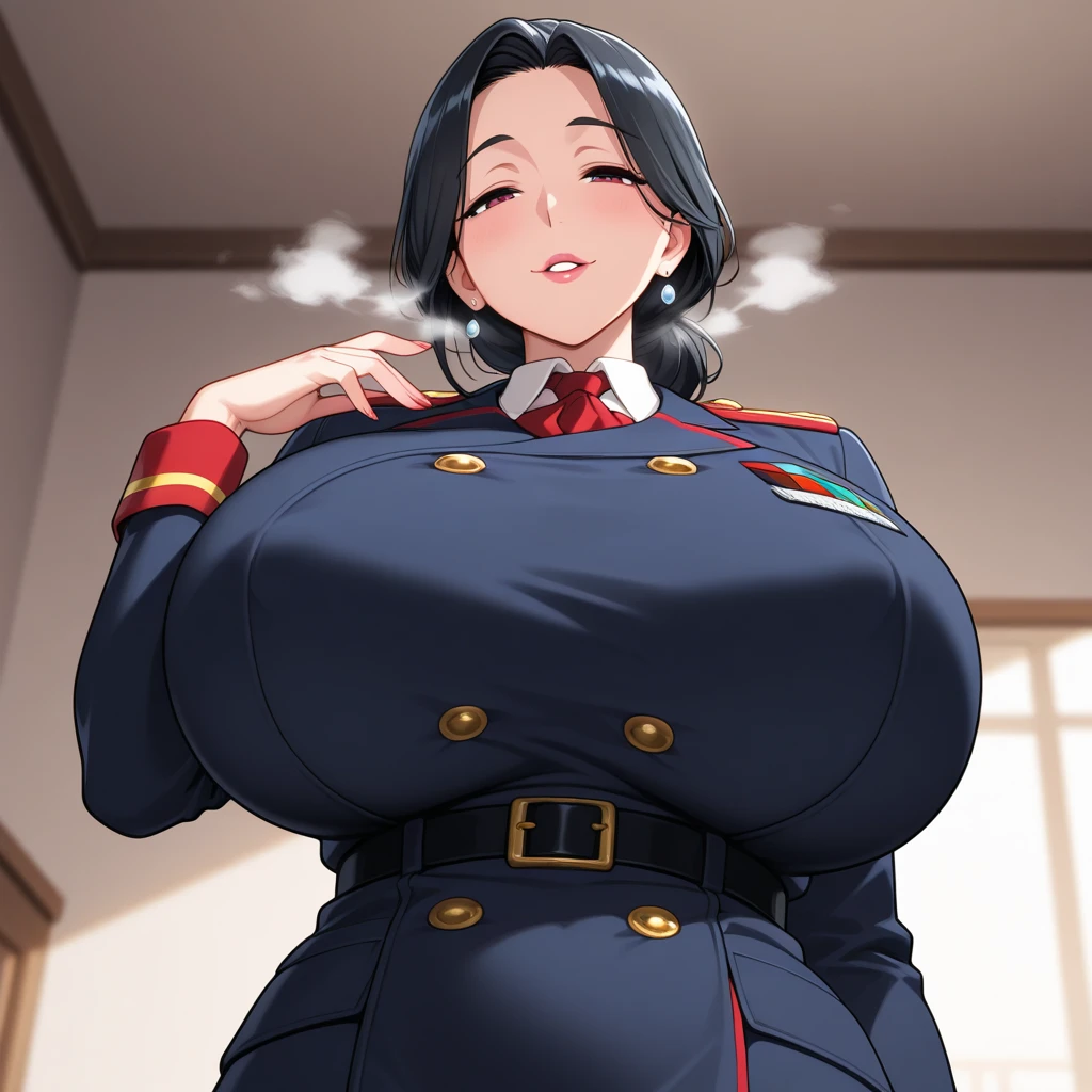 masterpiece, Boku no Hero Academia, Highres, Solo, Yaoyorozu Momo, lustful face, , big breasts, wide hips, tail, , suit and tie, white dress shirt, floating breasts, facing the camera directly, standing facing the viewer, nipple bulge, covered nipples, huge tall shirt collar, formal shirt collar, tall collar, high collar, big red necktie, extremely formal skin-tight clothing, perky breasts, long pointy shirt collar
