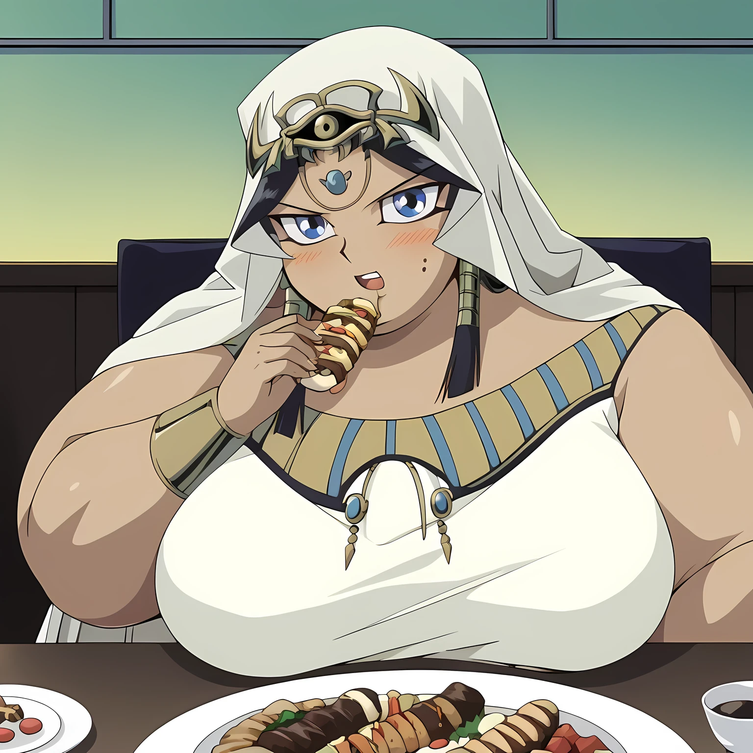 masterpiece,best quality,{{detailed beautiful face and eyes}}, very detailed background, 1 girl, solo,
Ishizu Ishtar,dark skin,long hair,black hair,egyptian,parted bangs,blue eyes,medium breasts,
1girl,(is embarrassing,big blush, Egyptian dress, eating food, indoor, restaurant, looking at viewer, in front of tones of food, table, chair, from above, pov belly,
,nsfw fat, chubby, obese, gigantic arms and legs, large breasts open mouth, out of breath