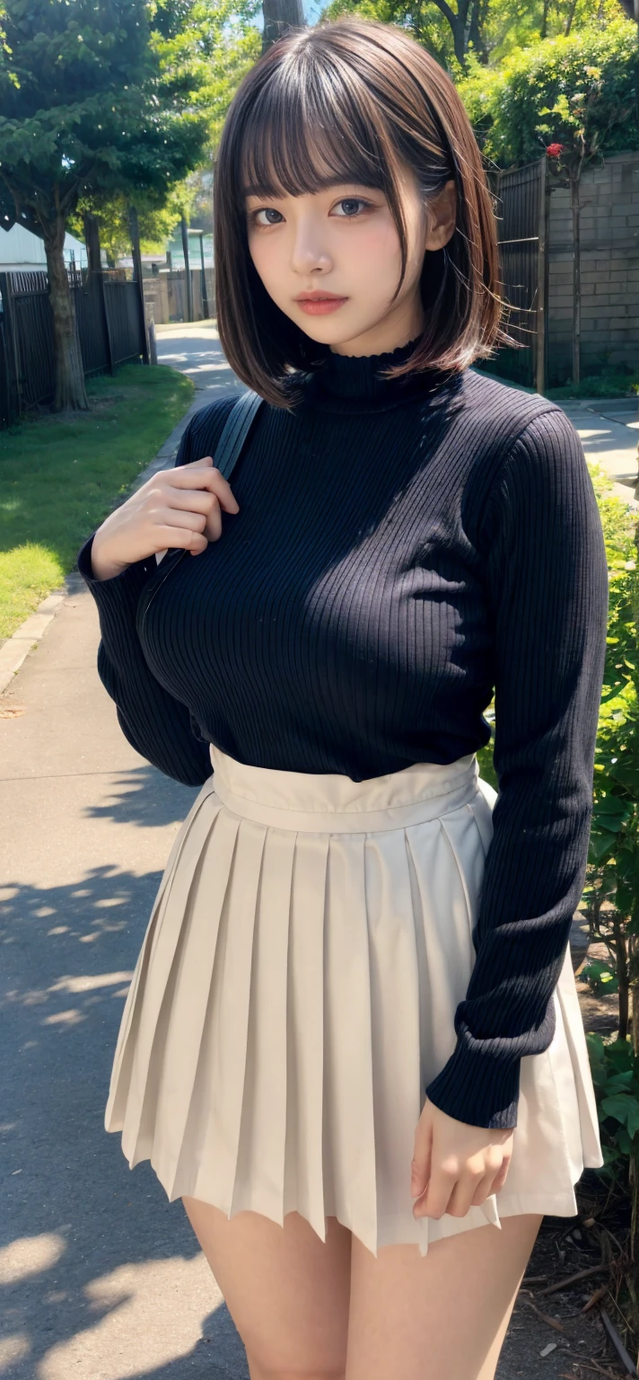 in 8K、超A high resolution、The ultra -The high-definition、An ultra-high picture quality、Ultrarealistic、Best Quality、masuter piece)(a Pretty Japanese woman、Black Hair Shortcut Hair:1.1)(Colossal tits、Pretty big breasts、toned body:1.18)(White turtleneck、velor tight skirt、Short boots、Beautiful long legs:1.18)In the street