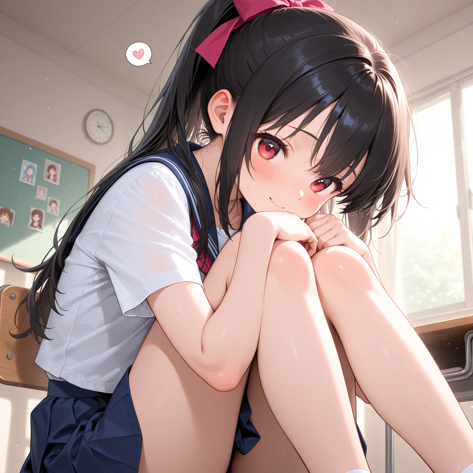 8K, best quality, (masutepiece: 1.5), (Best Quality: 1.5), Perfect eyes, Perfect face, Volumetric lighting, smile, looking at camera, red cheeks,  (Sweat: 3.0), embarrassed, delicate hands, love brother, in the school room, 1 young woman,  sister, 14 yeateness: 1.0), Light Red eyes, Black hair, two bun and medium bob hair style, White T-shirts with red tie, NAVY Blue blazer, Navy Blue skirt, Normal breasts, Seduction face, Normal pelvic, (Inner Flesh: 1.0), (full body:1.1),(look at viewer:1.3), facial gesture of pulling eyelid down by index finger and sticking out tongue