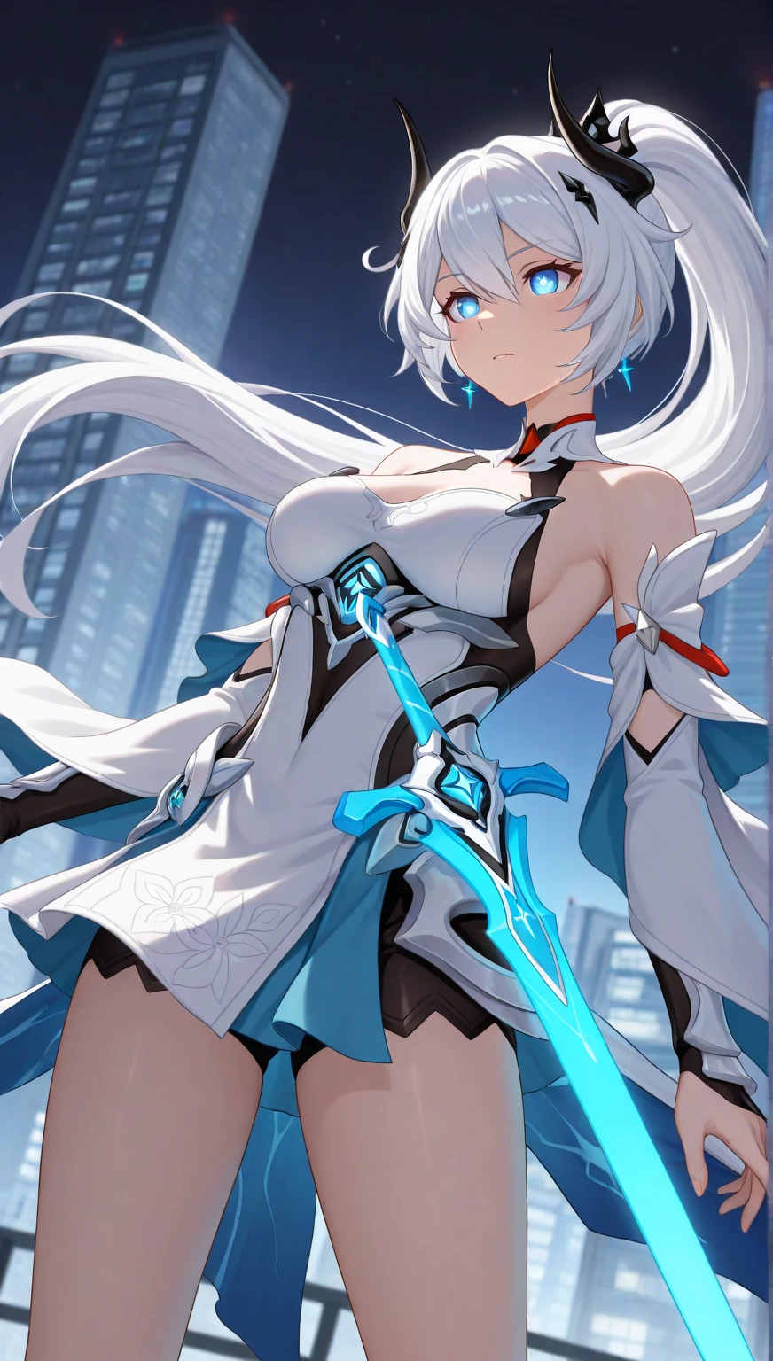 Blue Themes, Masterpiece, magical , (Impossible clothes:1.5), Superskirt, Gradient background, Silver blue hair, , Blunt bangs,side locks, Pink eyes, (ulzang-6500-v1.1:0.9), Medium breasts, Breasts, thigh gap, hair adornments, Arched back, black_witch_Hat,Intricate_decor,mistic_The fountain,Glowing_crystals