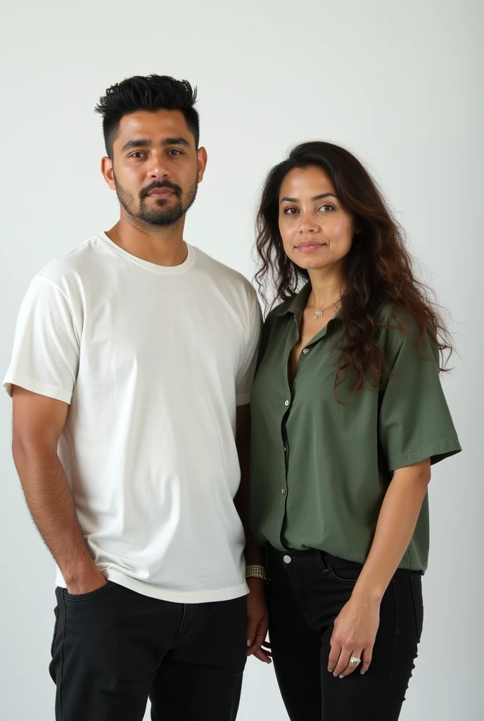 The man's shirt is light-black, his pants are black,his hair is wavy black and he has a watch on his left hand. The woman is wearing a light-purple dress, her hair is black, and she is wearing a watch on her right hand. Both are a couple. The color of the skin is Black. The floor is an old house indian cupple