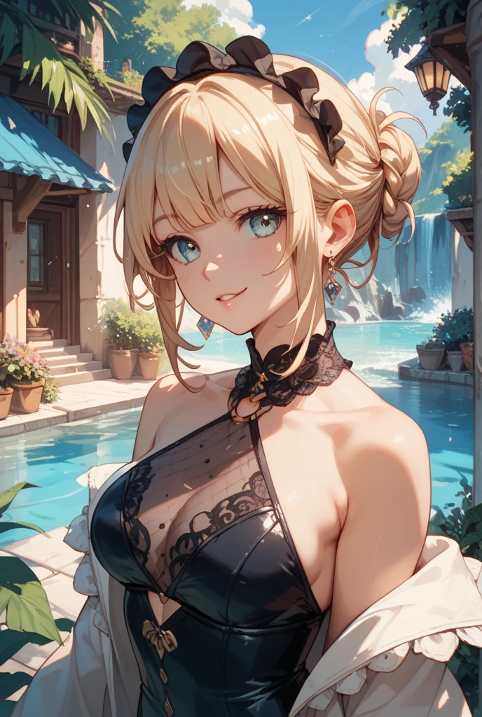 (best quality,4k,8k,highres, masterpiece:1.2), ultra-detailed, (realistic,photorealistic,photo-realistic:1.37), HDR, UHD, studio lighting, extreme detail description, professional, vivid colors, bokeh, (illustration), (watercolor), (ethereal fantasy:1.1), (soft pastel:1.2), (luminous glow:1.1), (dreamlike atmosphere:1.1), (subtle surrealism:1.1), (magical elements), (tranquil garden setting), (1girl), (platinum blonde hair), (short hair), (sparkling water), (lush greenery), (colorful flowers), (sunny day), (gentle breeze), (reflective pool), (serene ambiance), (harmonious aesthetics), (calm and peaceful mood), (lovely nature), (elegant posture), (confident expression), (graceful movements), (playful interaction), (captivating gaze), (ethereal beauty), (intense gaze), (expressive eyes), (charming smile), (stunning features), (fashionable attire), (embroidered details), (intricate patterns), (floral motifs), (glistening embellishments), (unique black swimsuit design), (feminine grace), (magical aura).