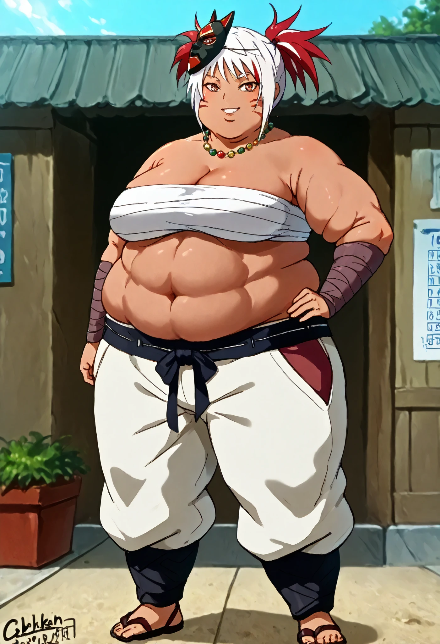 score_9, score_8_up, score_7_up, source_anime, solo, 1girl, haylin, dark skin, abs, obliques, smile, looking at viewer, standing, hand on own hip, facial mark, multicolored hair, white hair, red hair, mask on head, fur trim, chest sarashi, bandaged arm, arm warmers, pants, bead necklace, midriff, cleavage, large breasts, outdoors ,full body