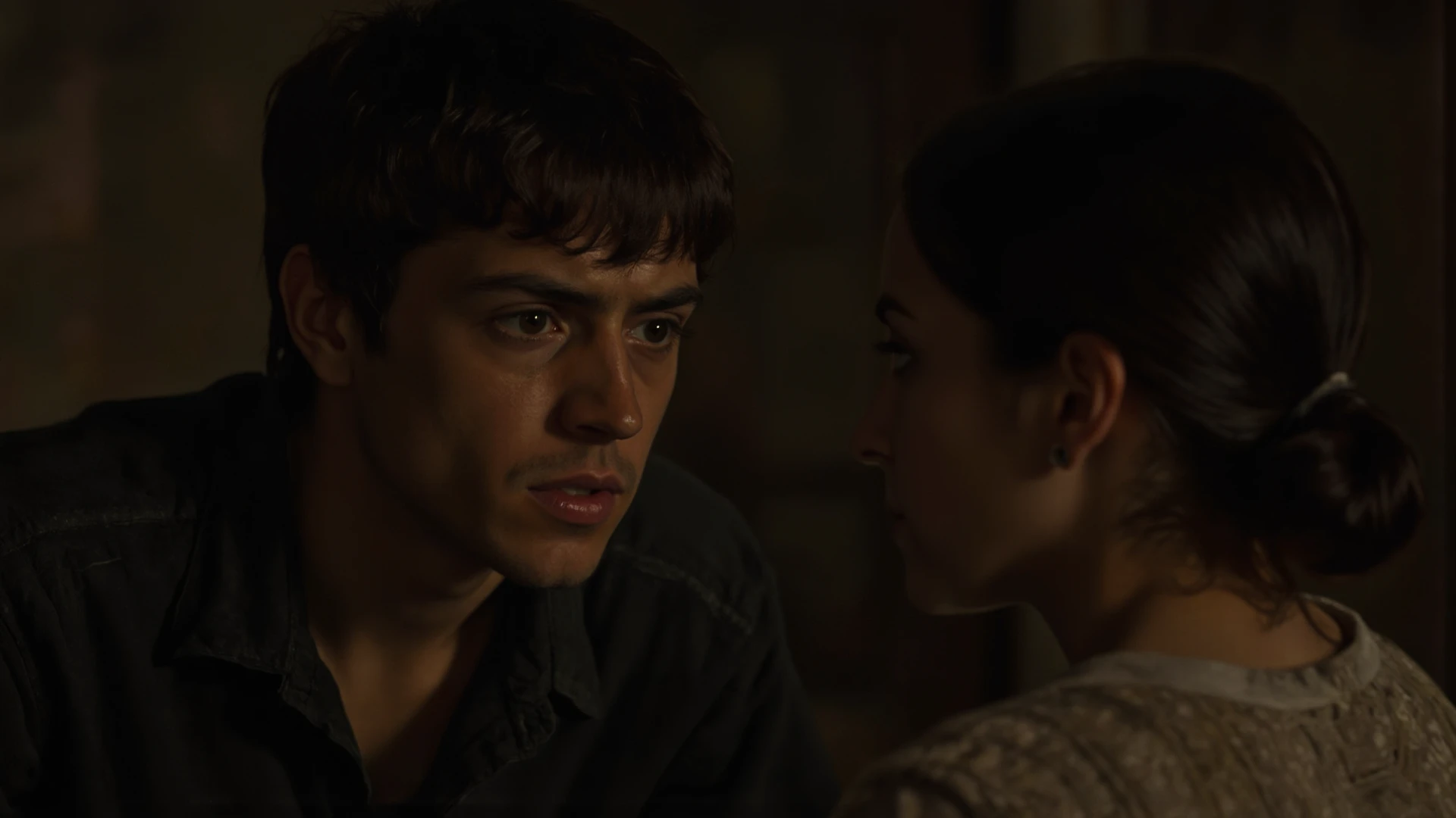 a teenage boy, with intense expression on his face, wearing an FBI agent uniform, passionately cradleing a wounded girl in her bra and underwear, in a dimly lit basement. The boy's eyes show determination and resolve, while his hands support the girl gently. The girl's face is covered in blood, displaying pain and vulnerability. The basement is filled with shadows, creating a dark and mysterious atmosphere. The realistic rendering of this scene captures every detail, from the boy's sweat on his forehead to the texture of their clothes. The lighting accentuates the emotional intensity, with soft rays of light casting dramatic shadows.
