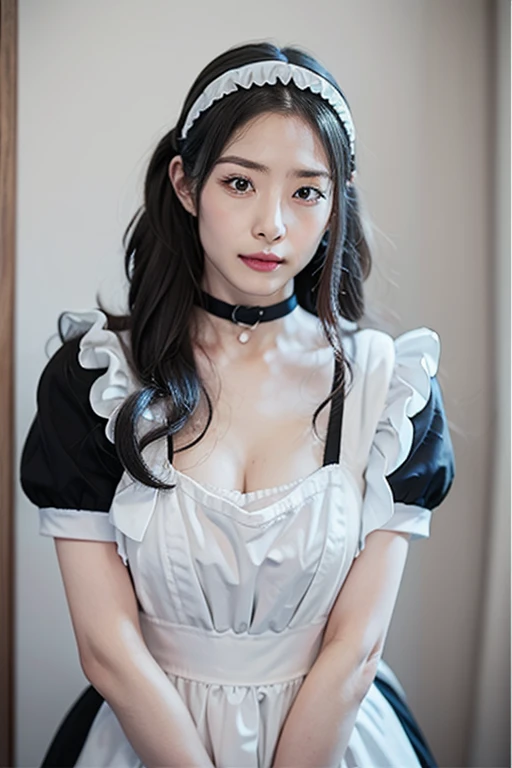 ((Beautiful maid:1.5),high resolution, Top quality),Dressed as a maid,Soft hands, Big bright eyes, Dark and Vibrant Curls, sweet smile, Red face, Soft Light, Pure white background.