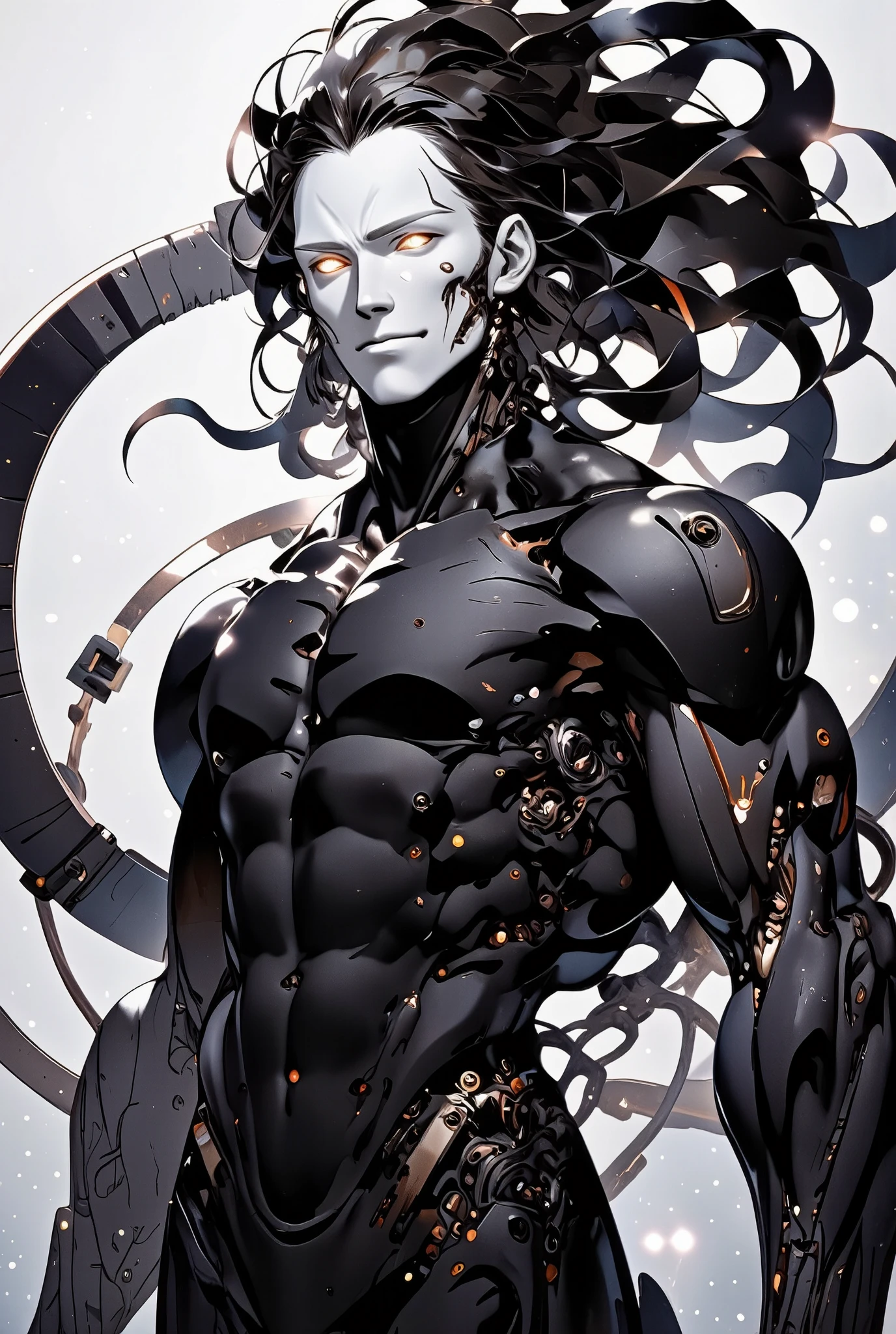 ideal man, artificially created to protect the boundaries of deep space. Height 237 centimeters, just over forty years old. His physique resembles a statue of a Greek athlete — sculpted and powerful,  But balanced , with broad shoulders, hair on his face with strong breasts and powerful legs. smooth skin., pale grey . Face combines Roman-style brutality and aristocracy with a heavy chin and a big eagle nose. he smiles feigned. He doesn't have stubble, beard and mustache, his face looks clean-shaven, he doesn't grow. extends from his lower back. He has a big, bright yellow eyes with the changing shapes of the pupils. His hair is scattering long black braids of various sizes, that are actually a bit like vibrissae and can move on their own. Long extends from his lower spine (three to five meters) thick black tail, , which is actually a colony of nanobots. hangs The tail can change shape and move independently, , he usually either lies in rings at his legs, ready to attack or hanging above her shoulder, Like a snake, ready to attack. The upper part of his ears is slightly elongated, like an elf  . He's muscular and strong, overalls, but aristocratic hands with long fingers and thin wrists. На нём обтягивающий чёрный футуристический overalls. He looks polite, attractive predator. Style - science fiction, cyberpunk fur jacket, anime. 