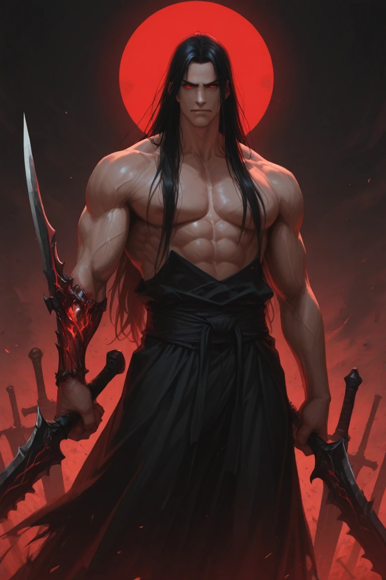 dark muscular male evil lord with long black hair wearing black and red cloak tied up with ropes to a wall of a dark cell, ropes, tied up, chained, ropes, arms tied, blood, scars, blood stains, crying, sadness, pain, sad expression