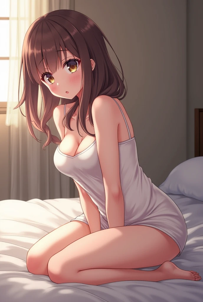 nakid anime girl sitting on bed clean anime