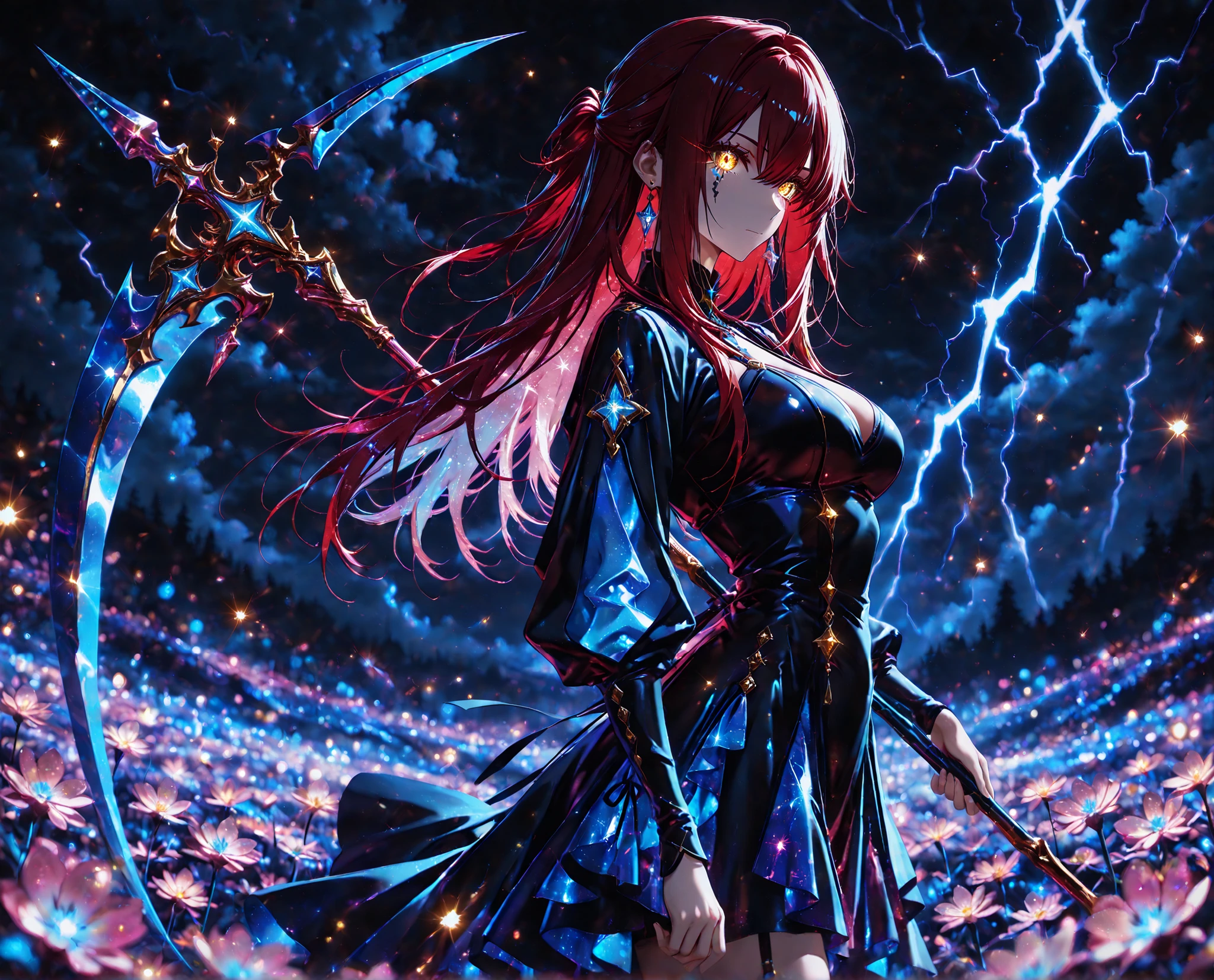 1 girl , golden eyes , very long hair , long sidelocks, red hair ,half updo, petite , very cute , beautiful ,Straight hair, cool, handsome, hair between eyes, sexy, medium breasts, flowery hair, holding a large Scythe, standing next to neon flower, solo, dress with pink tulle skirt, neon flower, holding, blue flower, night, black dress, from side, looking at flower,
,glowneon, glowing, sparks, lightning,crystal,(Depth of field,HD eyes:1.2,cinematic lighting),(masterpiece),(best quality),(aesthetic,intricate),(glowing eyes),(character detailed),(flying embers),(glowing particles),(glowing elements),(glitter fabric),(glittering particles),(HDR),(Sharp focus),16k,Luxurious clothes, beautiful jewelry, sophisticated look, soft light, shine, more prism, vibrant color, more_prism background,hazy lights, misty landscape, foggy atmosphere, subdued lighting, blurred figures, dark background,neon art, neon lineart, colorful neon lineart, neon silhouette, silhouette, neon colors, glowing, glow effect, bright outlines, vibrant colors, high contrast, dark background, digital art