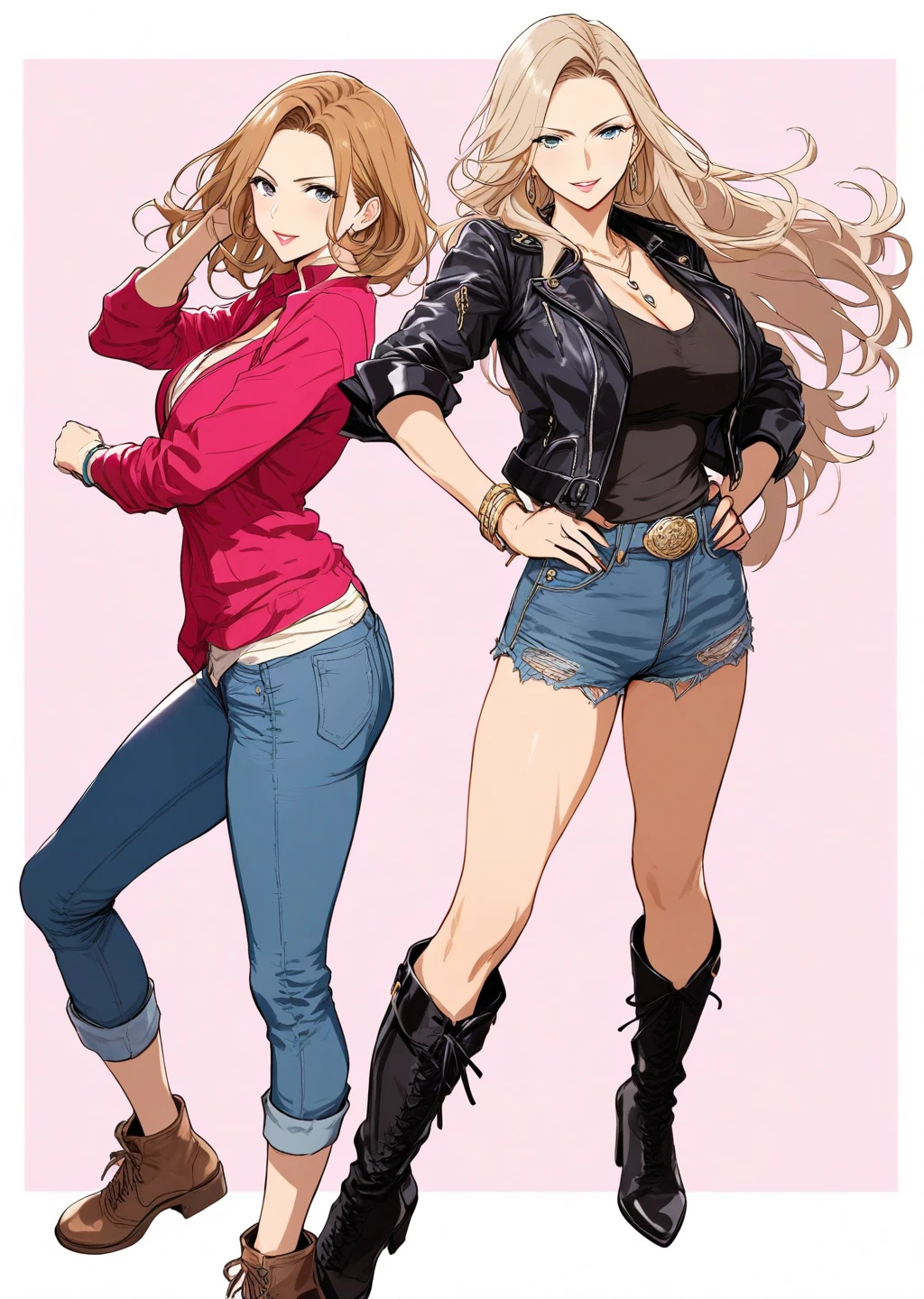 ((mature)), (milf) , (cat ears), (cat tails), ((leopard print)), long blonde hair, (long pony tail), ((big hair)), (messy hair), blue eyes, (pink lips) , (large breasts), cleavage, wide hips, narrow waist, ((thighs)), navel , open jacket, red jacket, bra , belt, denim skirt, freckles, necklace, bracelets, choker, painted nails, soft makeup, evil smile, posing, outdoors, mall, street,