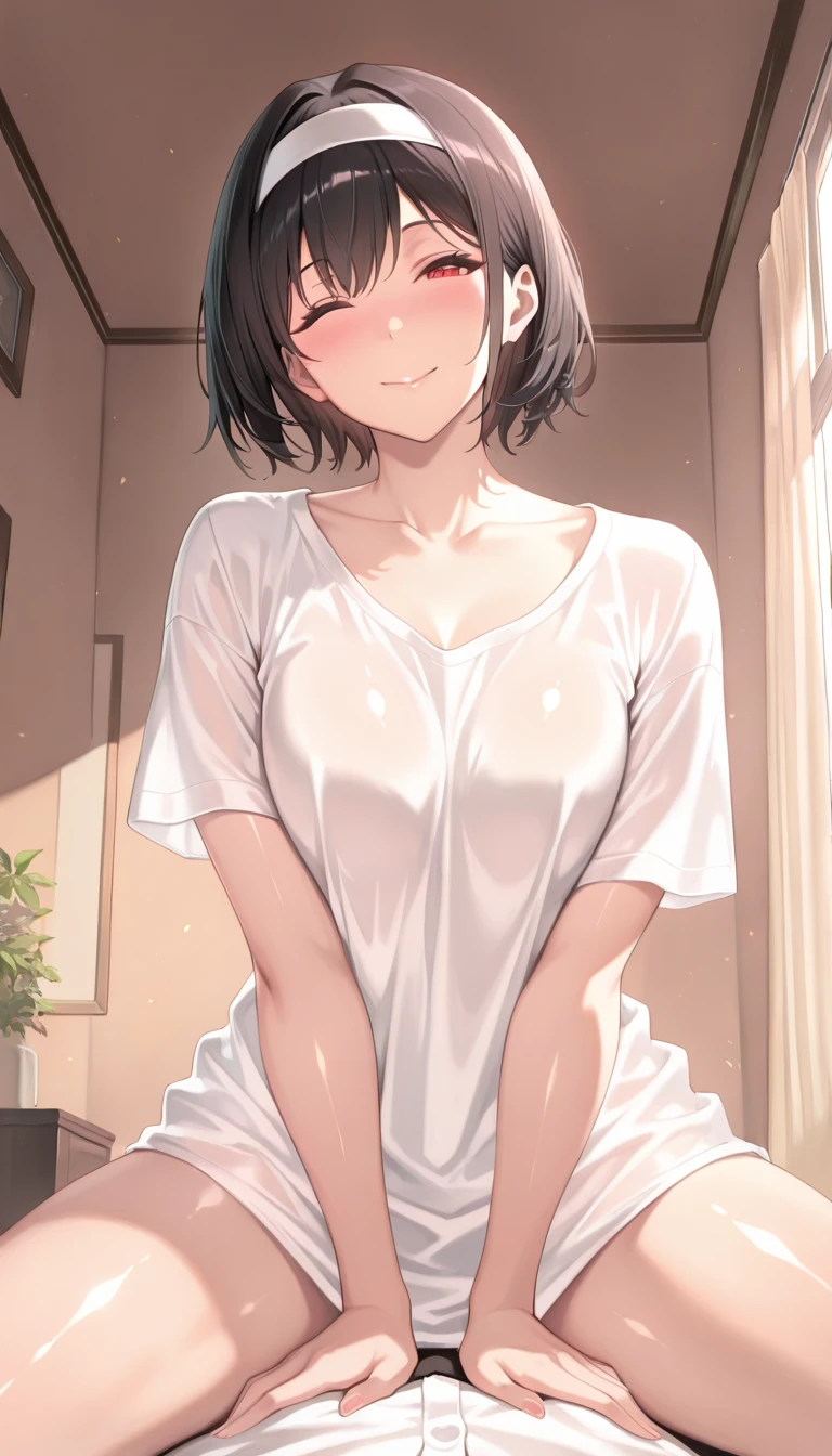 (masterpiece, best quality), 1girl, white shirt , oversized shirt, off_shoulder, blushing, embarrassed, innocent, bedroom ,big breast , 