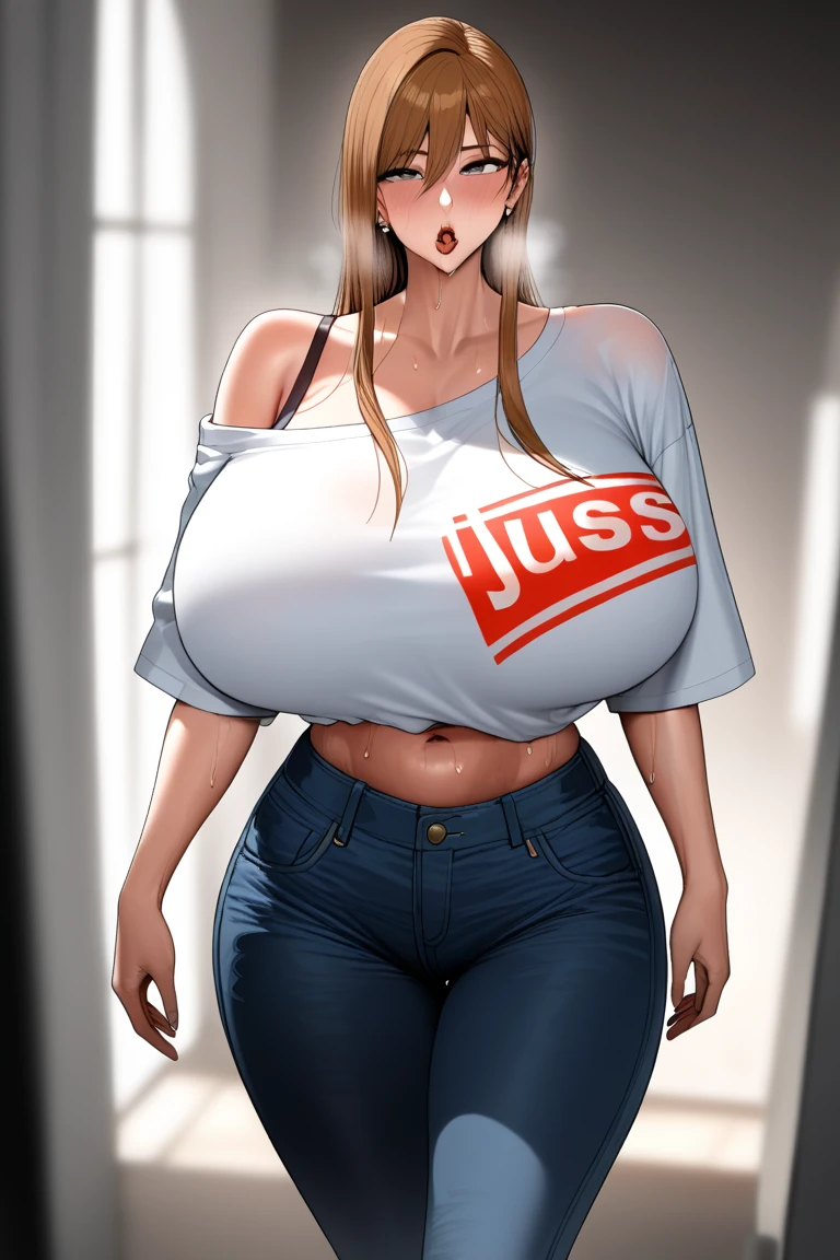 masterpiece,highest quality,Very detailed,High resolution,8k,wallpaper,Perfect lighting,break(One Woman),(Mature woman working as a waiter at a sports bar:1.5),(48 years old),(hooters),(((A very form fitting white tank top:1.5))),((The tank top has the logo of a sports bar on it.:1.5)),(((tiny orange shorts))),(((very pretty 1.5))),(Beautiful Eyes:1.5),(Detailed face drawing:1.5),(Detailed face drawing:1.5),((Very detailed:1.5)),(Shiny skin:1.2),(gigantic Breasts:1.5),(Thick thighs:1.5),(Sensual body:1.5),(Sports bar background:1.5),(((Blur the background:1.5))),((( embarrassed:1.5))), a logo of a bar on her shirt, hard nipples