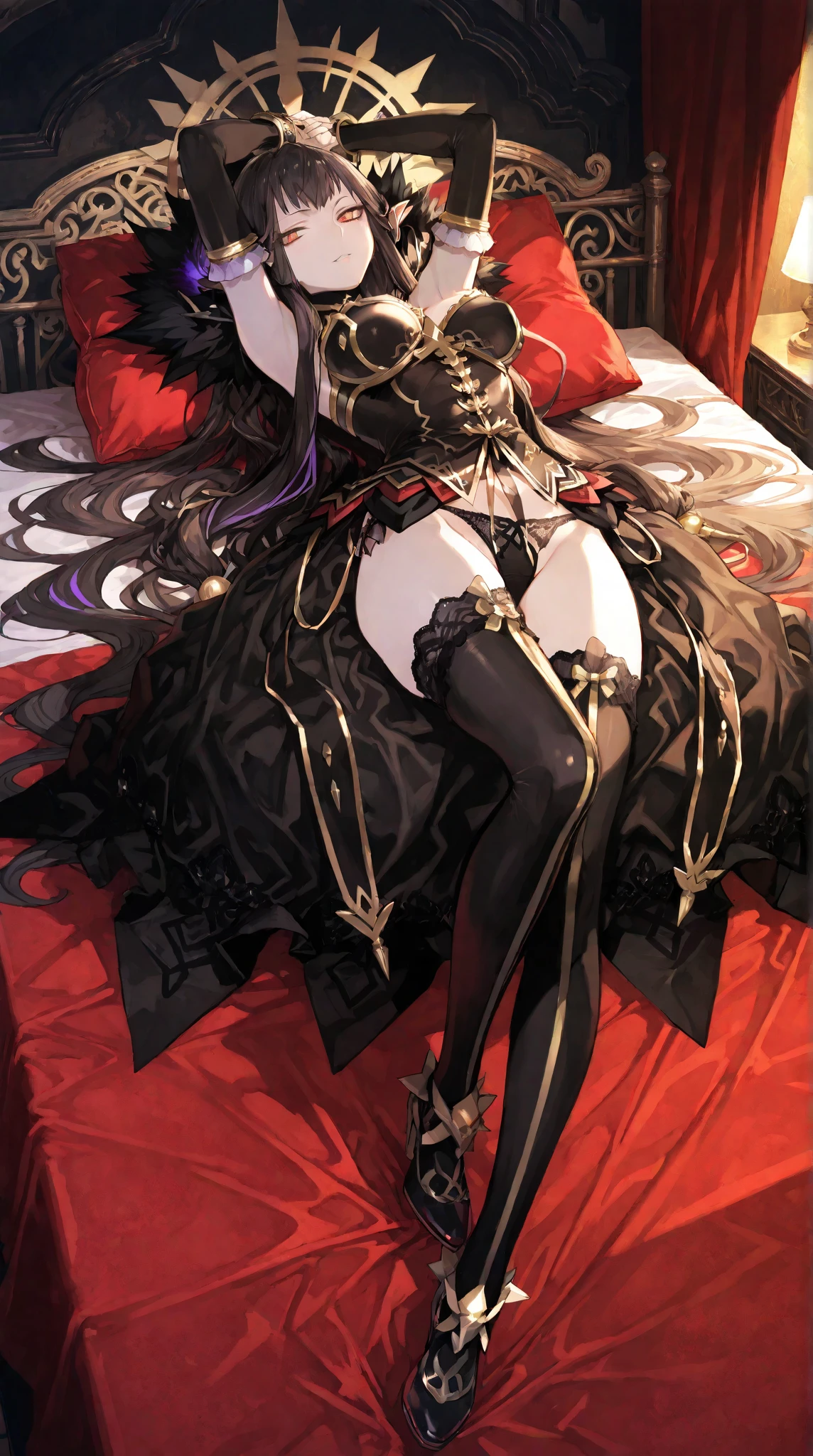 1girl, solo, long hair, breasts, looking at viewer, bangs, large breasts, hair ornament, gloves, dress, bare shoulders, jewelry, closed mouth, purple eyes, ponytail, thighs, red hair, hairband, earrings, lying, black gloves, elbow gloves, mole, black dress, mole under eye, on side，whole body