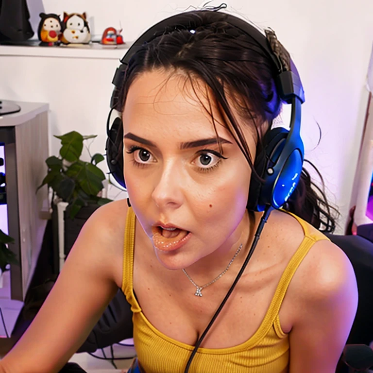 Ultia, nude, pov blowjob, from above, angry, in her room, dick in her mouth , gaming headset