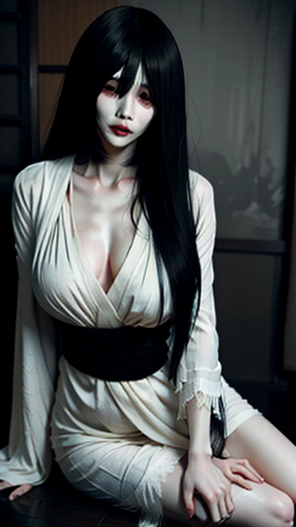 from_above_pov_interaction, gorgeous sadako, white_sheer_nightgown, black_veins large_breasts perky_nipples, (high_detail intricate), pretty face_focus red_eyes_staring_at_viewer short_black_hair, luscious_mouth full_lips, home nighttime horror antique_furniture, <lora:TheOnryoS:.7>