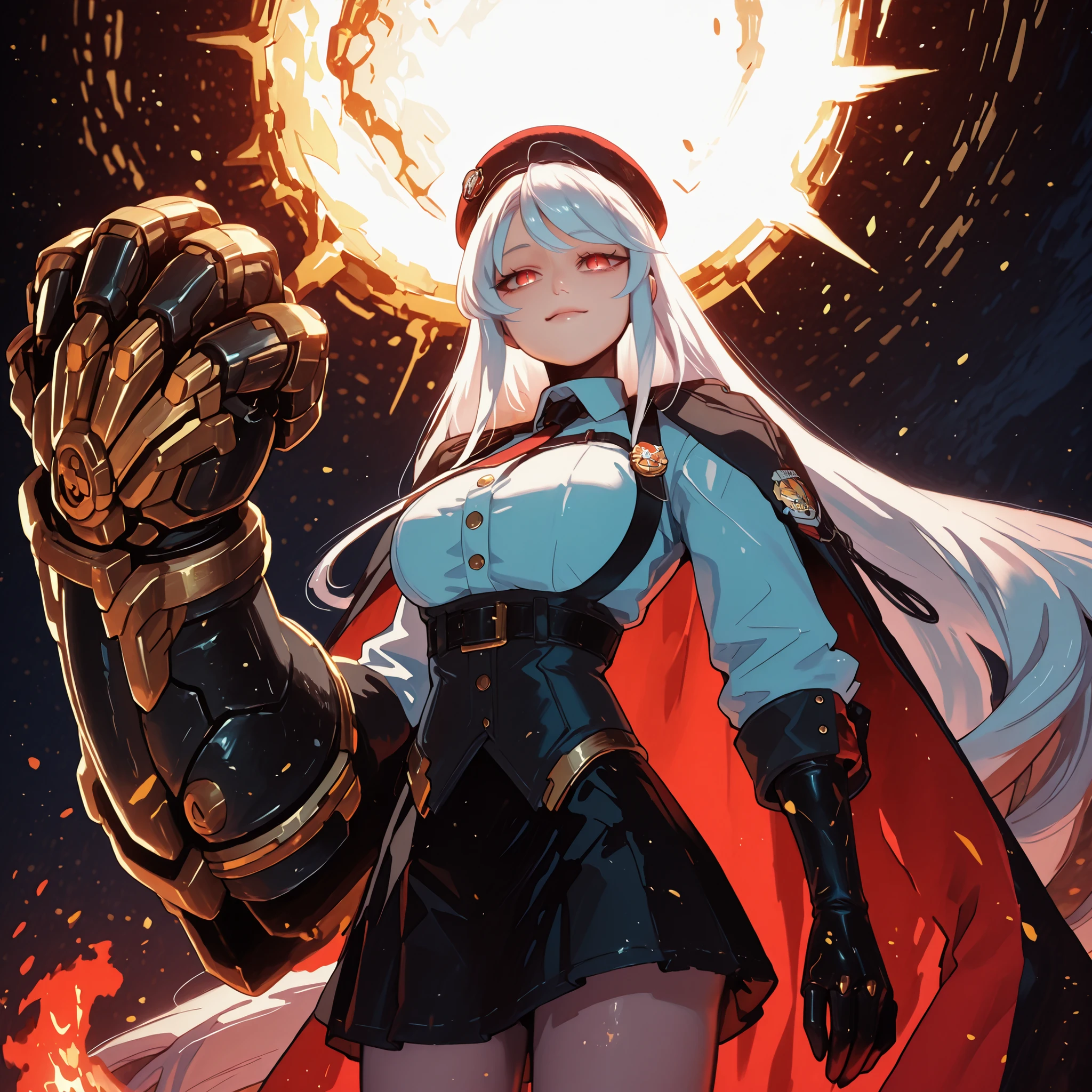 A young female character in her body s, with the same height and body type as Enterprise from Azur Lane. She has long white hair with a red ribbon on one side of her head, like Enterprise from Azur Lane, and the exact facial features of Enterprise from the same series, red eyes, but with a provocative, confident smile. She wears a black military uniform with a black skirt, This uniform is very detailed, with gold medals and symbols, a red tie, and a red military badge on top of her head tilted slightly to the side. Her right arm is wrapped in a gigantic gauntlet, making it appear as if she has a giant arm much larger than her body, This gauntlet has a futuristic cyberpunk-style design and predominantly black colors with gold accents. Her pose is bold and confrontational, facing directly at the viewer with her head slightly tilted, shoulders back, and an expression full of confidence, red eyes, giant gauntlet on her right hand, large breasts and butt, red beret "cap", scarlet red eyes. The overall style should be detailed and colorful, matching the rendering quality, but with a punk feel and a more youthful feminine appearance, red beret "cape" on top of the head tilted slightly to the side, huge black glove much larger than the character's body, similar to Vi's from League of Legends, but much larger (the gauntlet should be larger than the character's entire body).