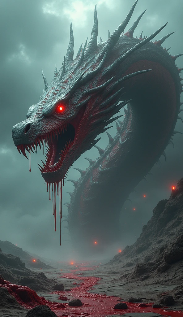 A great threatening dragon, Ash black color with red lights projecting on it