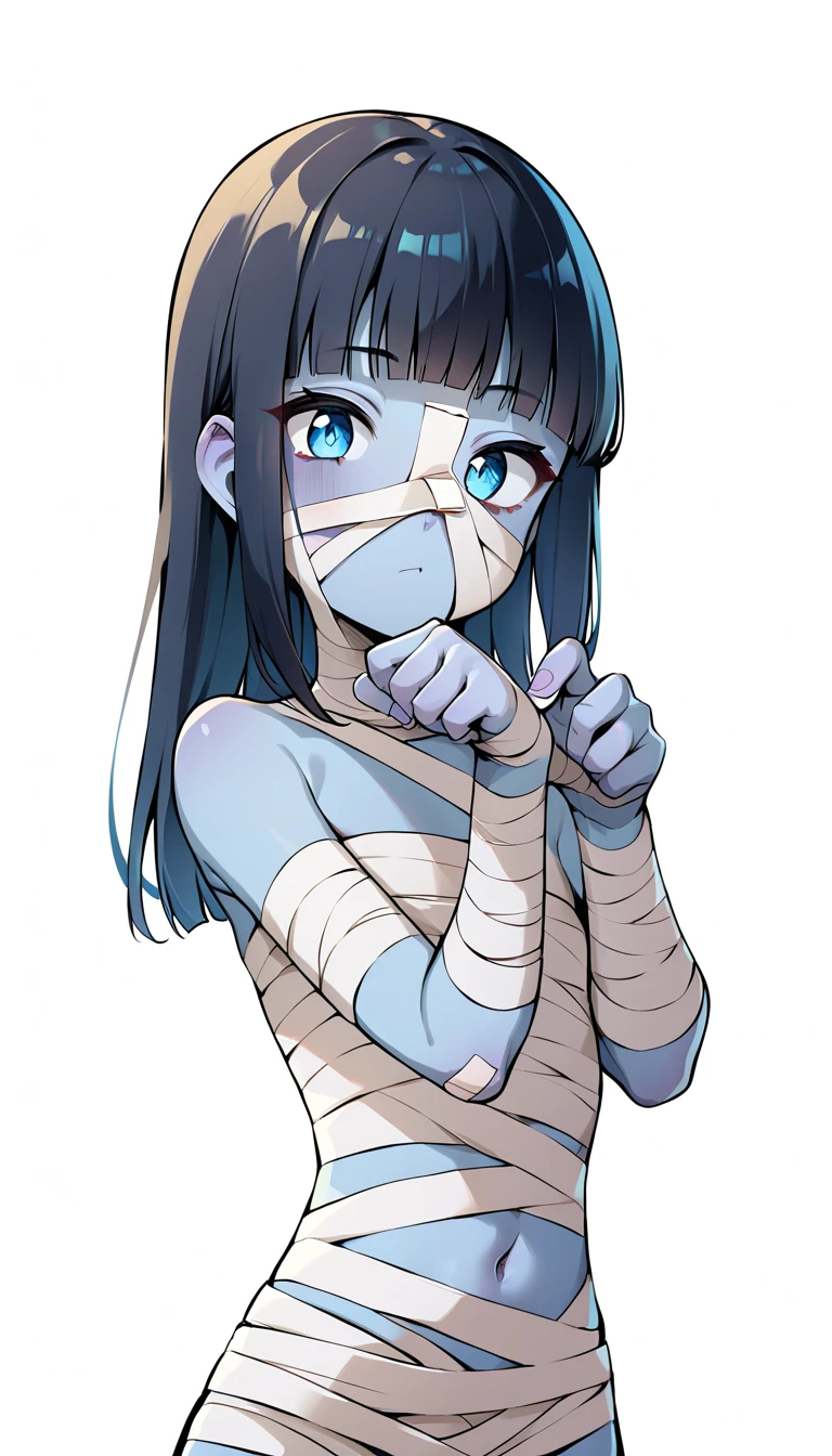 High quality, high quality, Japanese anime touch, one woman, sharp outline, long black hair, mummy cosplay with bandages,
Cute pose, facing this way,