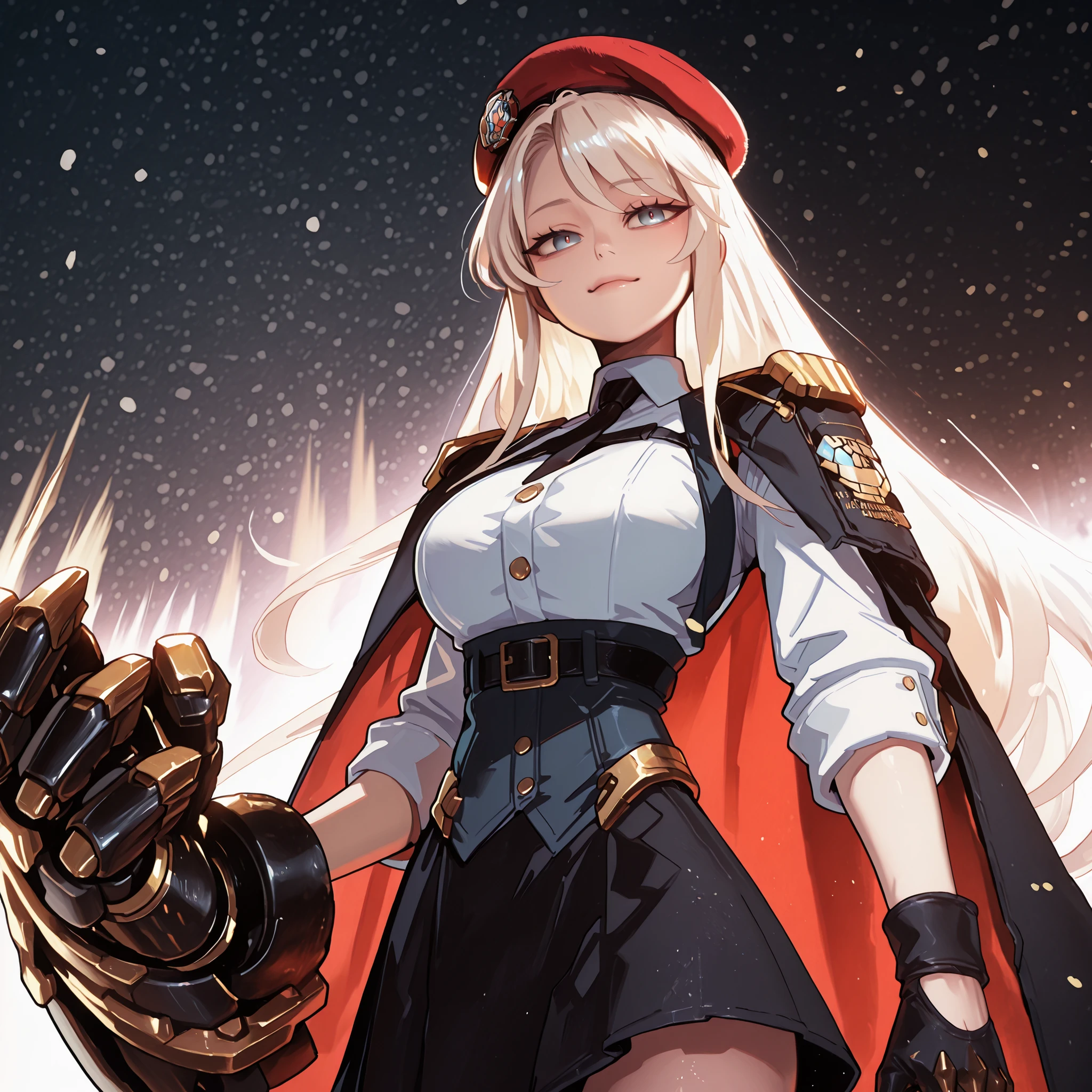 A young female character in her body s, with the same height and body type as Enterprise from Azur Lane. She has long blonde hair with a red ribbon on one side of her head, like Enterprise from Azur Lane, and the exact facial features of Enterprise from the same series, blue eyes, but with a provocative, confident smile. She wears a black military uniform with a black skirt, This uniform is very detailed, with gold medals and symbols, a red tie, and a red military badge on top of her head tilted slightly to the side. Her right arm is wrapped in a gigantic gauntlet, making it appear as if she has a giant arm much larger than her body, This gauntlet has a futuristic cyberpunk-style design and predominantly black colors with gold accents. Her pose is bold and confrontational, facing directly at the viewer with her head slightly tilted, shoulders back, and an expression full of confidence, red eyes, giant gauntlet on her right hand, large breasts and butt, red beret "cap", blue eyes. The overall style should be detailed and colorful, matching the rendering quality, but with a punk feel and a more youthful feminine appearance, red beret "cape" on top of the head tilted slightly to the side, huge black glove much larger than the character's body, similar to Vi's from League of Legends, but much larger (the gauntlet should be larger than the character's entire body), blonde hair and blue eyes.