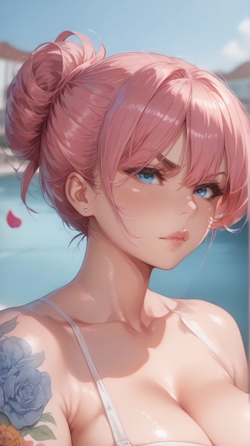 one pretty woman, face detailed, high qualiy, realisitic, foto realisitic: 1,37, (best qualityer, 4K, 8k, high resolution, Masterpiece artwork: 1,2), ultra detailed down to the smallest detail, bright coloured, natural lighting, detailed lips, details Intricate , pele realisitic, gorgeous eyes, long eyelashes, delicate features, feminine expression, flawless complexion, elegant pose, natural lighting, softfocus, Warm Color Palette, fully body, she is very sexy half naked, on top of a mountain with small trees and flowers around it and a beautiful beach in the background