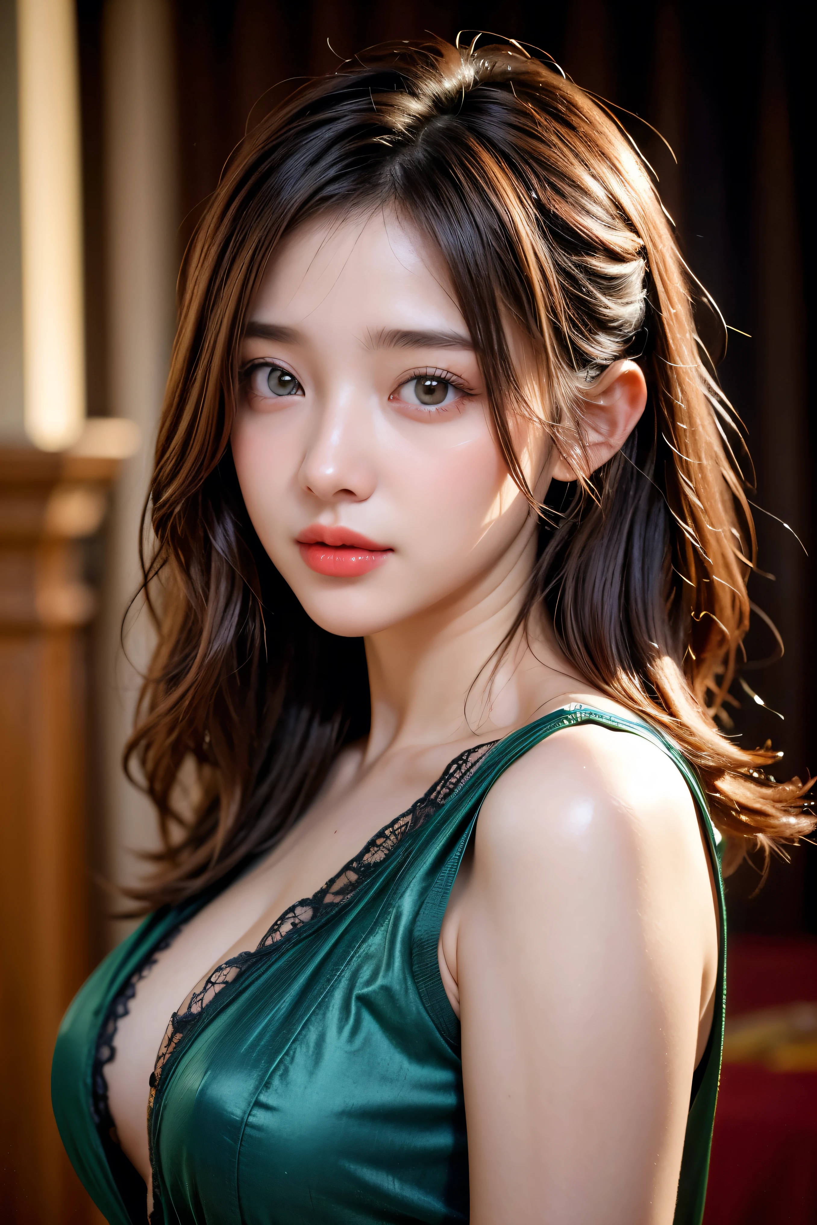 (Masterpiece, BestQuality:1.3), (ultra detailed:1.2), (hyperrealistic:1.3), (RAW photo:1.2),High detail RAW color photo, professional photograph, (Photorealistic:1.4), (realistic:1.4), ,professional lighting, (japanese), beautiful face, (realistic face), cute woman, (Big Breasts:1.5), (Smile:1.7), Trending Hair&Trending Hairカラーをランダムに, earrings, necklace, bracelet, sexy, erotic sexy, Random sexy gravure poses, Walking, (((A beautiful brown-haired woman in a green dress、She is smiling and posing sexily in a fancy restaurant.。:1.2), Beautiful location, (Detailed Background):1.2))